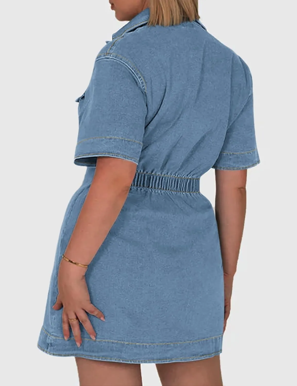 Denim Shirt Dress for Women Short Sleeve, Jean Stretch Button Down Dresses for Summer