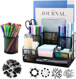 Desk Organizers Caddy and Accessories with 7 Compartments   Pen Holder / 72 Clips Set, Drawer, Black Mesh Office Supplies Desktop Organizer for Home, Office Ect