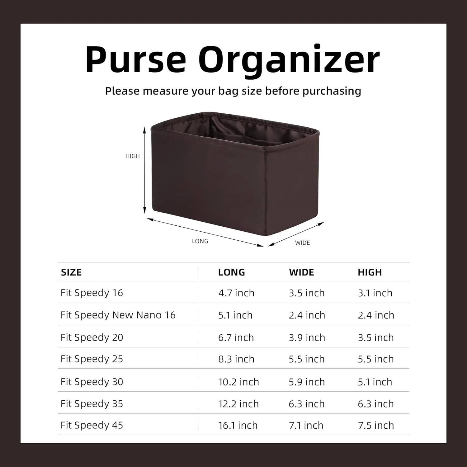 DGAZ Silk Purse Organizer Insert Fits LV Speedy 16/20/25/30/35/45 bags，Silky Smooth Bag Organizer，Luxury Handbag & Tote Shaper（Global Brown，SP16）