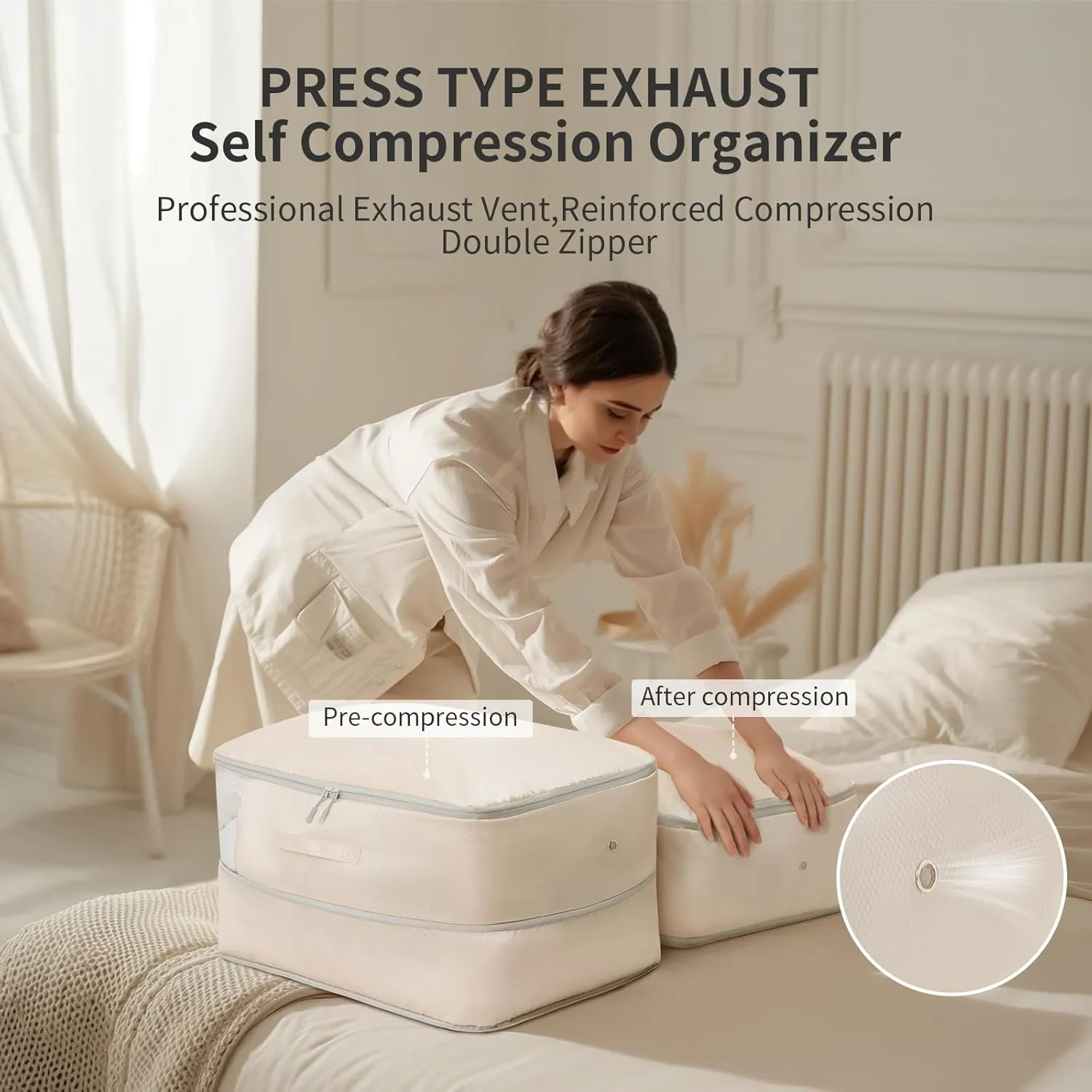 DIMJ 66L Comforter Storage Bag - 2-Pack Space-Saving Self-Compression Bags for Blankets, Duvets, Pillows, Bedding, and Down Jackets with Clear Window and Handle
