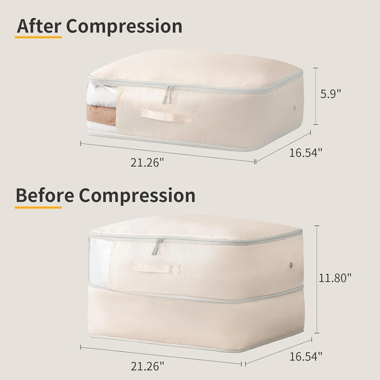 DIMJ 66L Comforter Storage Bag - 2-Pack Space-Saving Self-Compression Bags for Blankets, Duvets, Pillows, Bedding, and Down Jackets with Clear Window and Handle