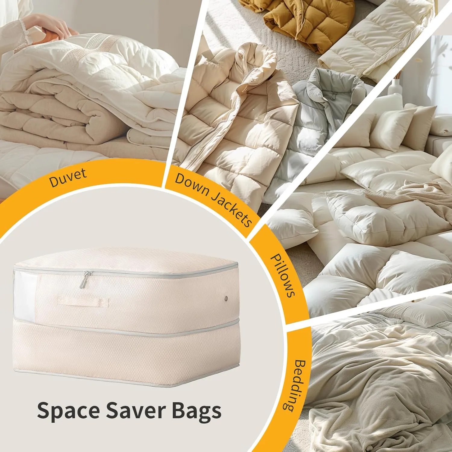 DIMJ 66L Comforter Storage Bag - 2-Pack Space-Saving Self-Compression Bags for Blankets, Duvets, Pillows, Bedding, and Down Jackets with Clear Window and Handle