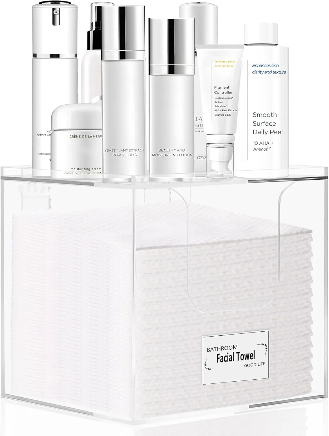Disposable Face Towel Holder Box, Acrylic Storage Box Compatible with Clean Skin Club Face Towels XL, Makeup Organizer with Lid, Clear Acrylic Face Towel Holder for Bathroom, Vanity Makeup