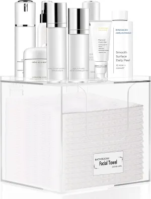 Disposable Face Towel Holder Box, Acrylic Storage Box Compatible with Clean Skin Club Face Towels XL, Makeup Organizer with Lid, Clear Acrylic Face Towel Holder for Bathroom, Vanity Makeup