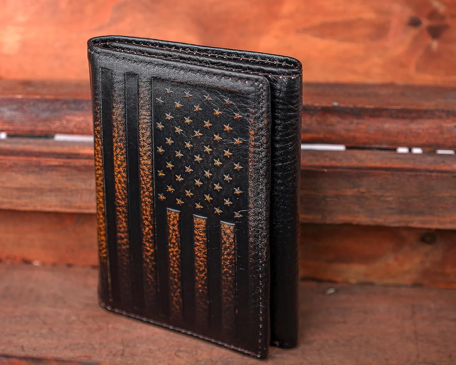 DK86 USA Flag Trifold Wallets for Men American Flag Wallet Full Grain Leather with Hand Burnished Tri-Fold Wallet RFID Blocking