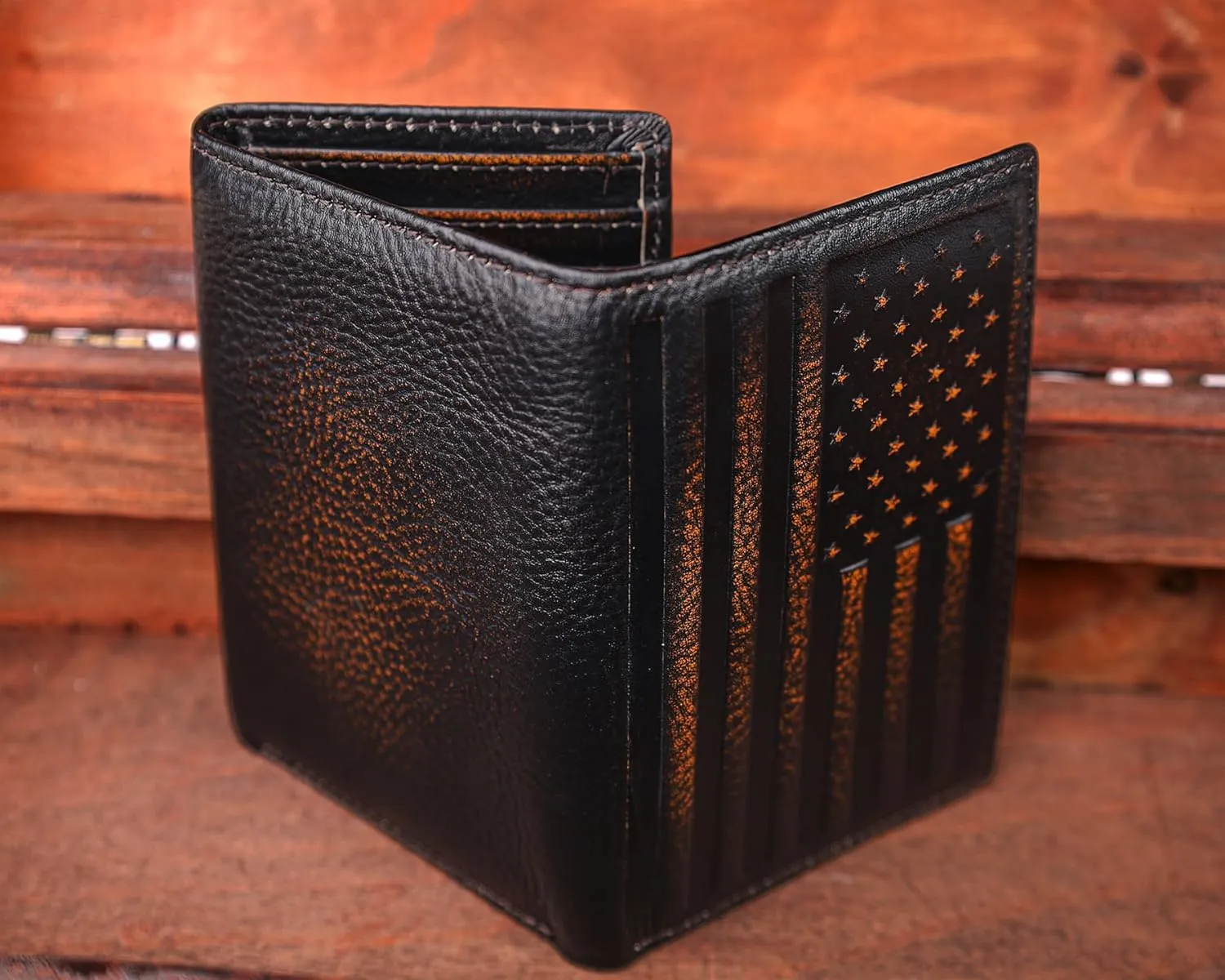 DK86 USA Flag Trifold Wallets for Men American Flag Wallet Full Grain Leather with Hand Burnished Tri-Fold Wallet RFID Blocking