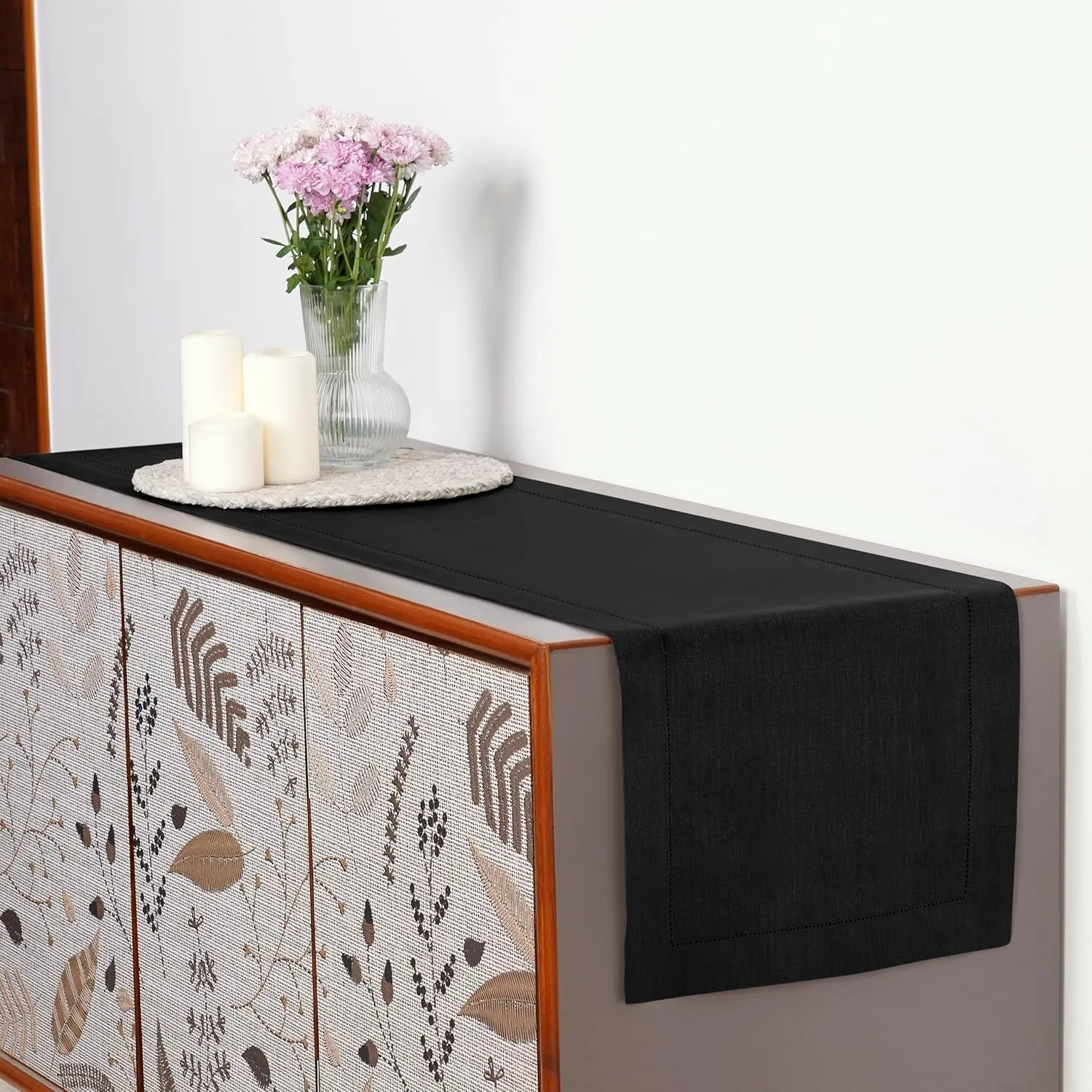 D'Moksha Homes Linen Table Runner 14 x 36 Inch - 100% Pure Linen Classic Hemstitch Black Table Runner - Machine Washable Farmhouse Table Runner for Summer