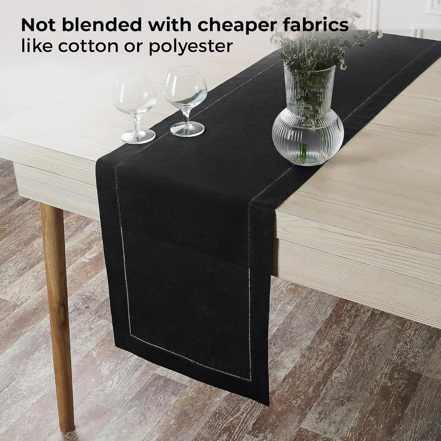 D'Moksha Homes Linen Table Runner 14 x 36 Inch - 100% Pure Linen Classic Hemstitch Black Table Runner - Machine Washable Farmhouse Table Runner for Summer