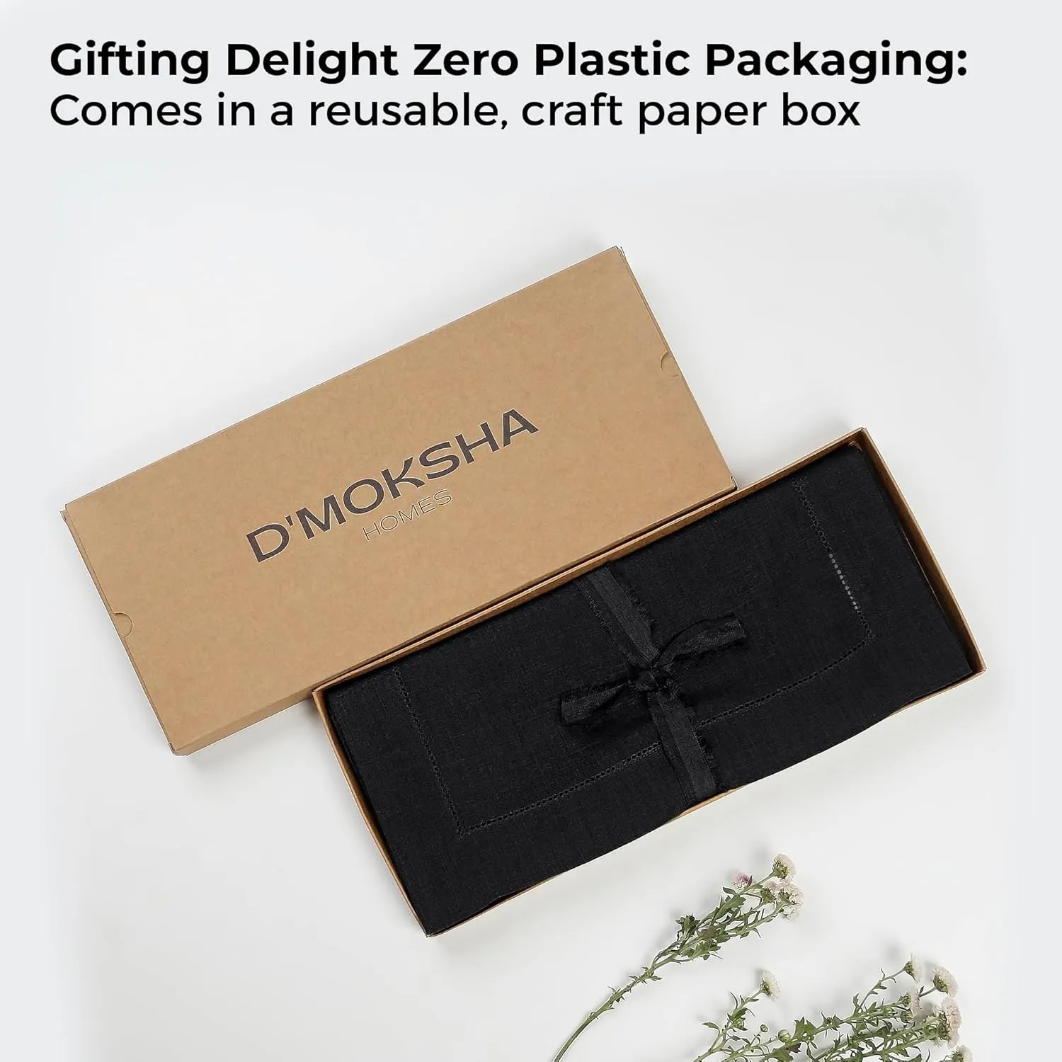 D'Moksha Homes Linen Table Runner 14 x 36 Inch - 100% Pure Linen Classic Hemstitch Black Table Runner - Machine Washable Farmhouse Table Runner for Summer