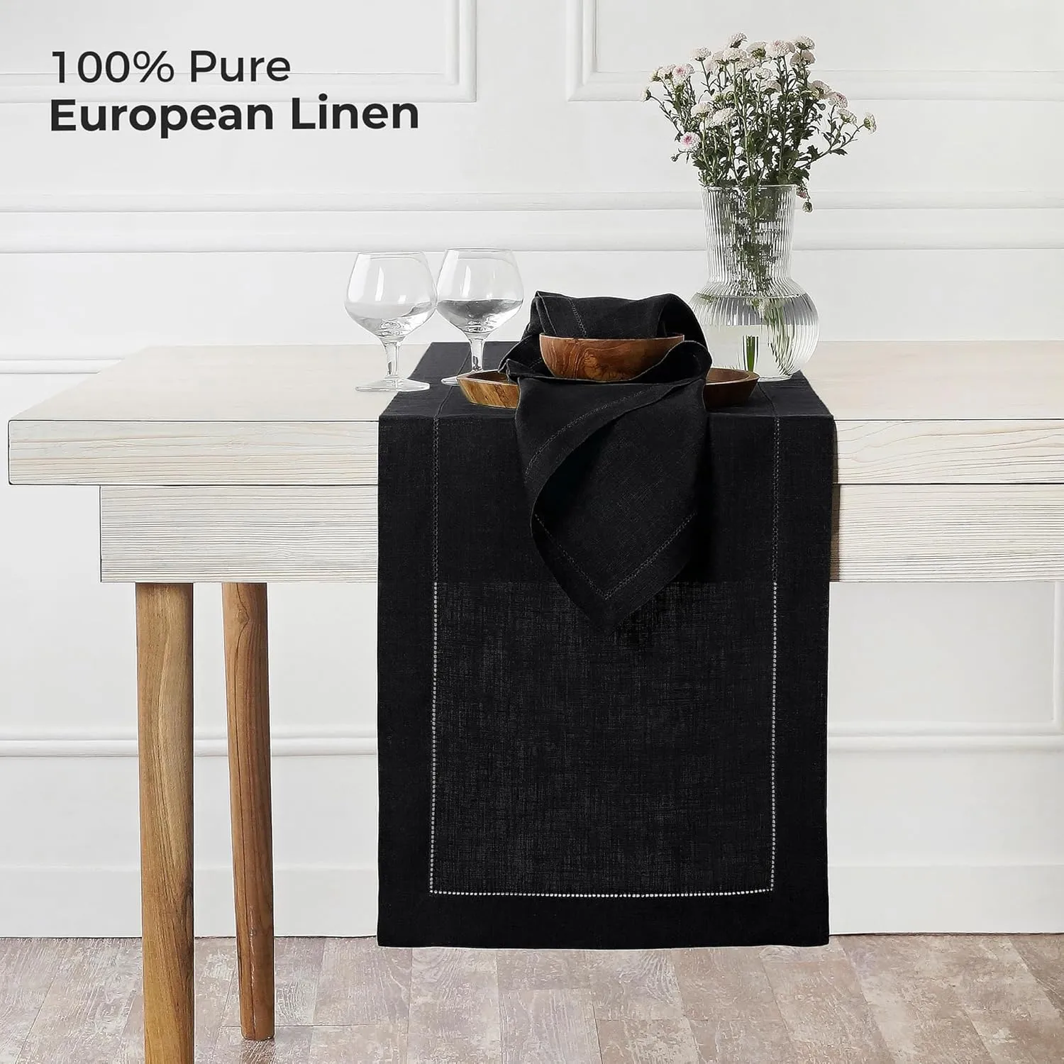 D'Moksha Homes Linen Table Runner 14 x 36 Inch - 100% Pure Linen Classic Hemstitch Black Table Runner - Machine Washable Farmhouse Table Runner for Summer
