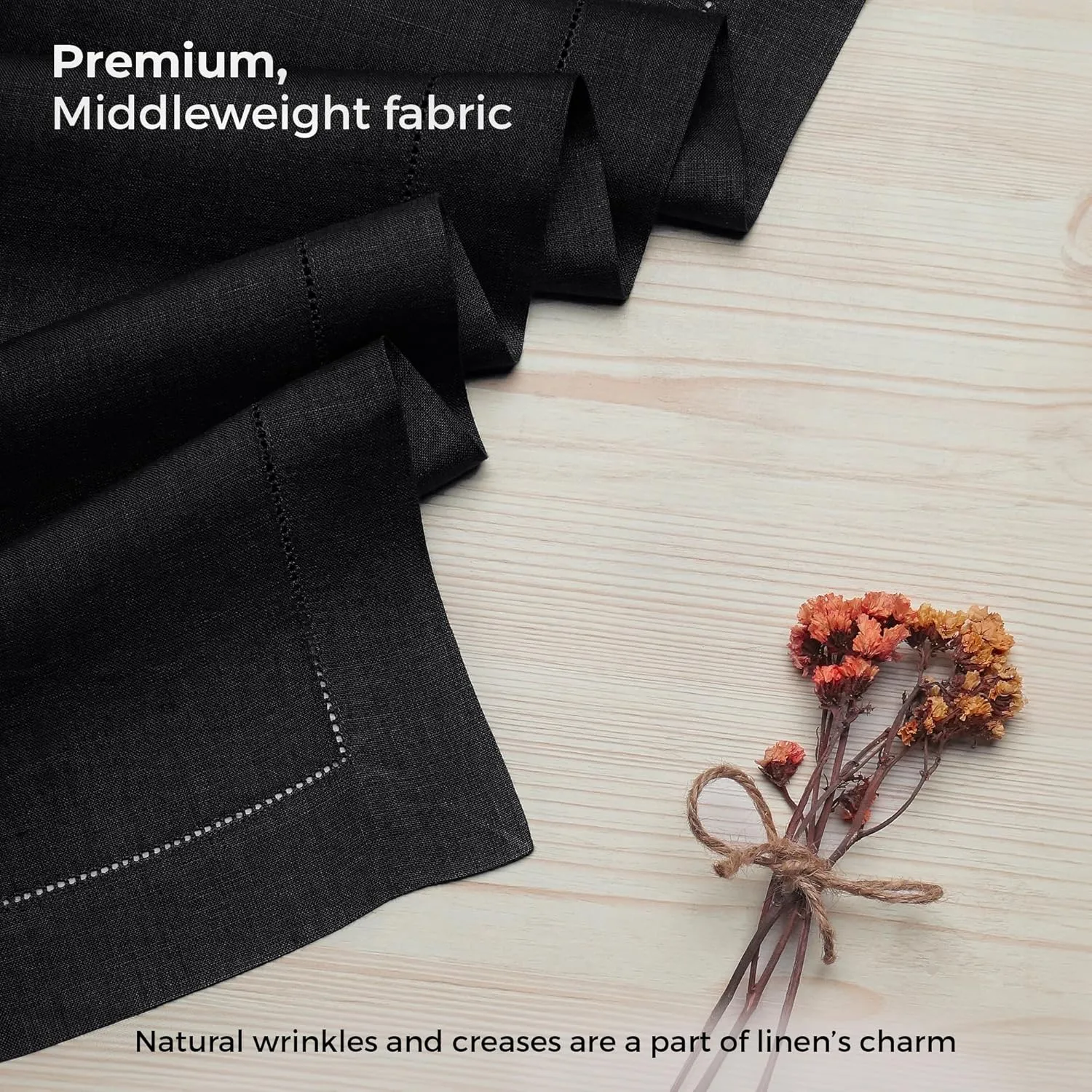 D'Moksha Homes Linen Table Runner 14 x 36 Inch - 100% Pure Linen Classic Hemstitch Black Table Runner - Machine Washable Farmhouse Table Runner for Summer