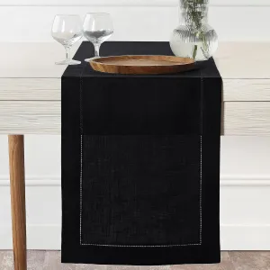 D'Moksha Homes Linen Table Runner 14 x 36 Inch - 100% Pure Linen Classic Hemstitch Black Table Runner - Machine Washable Farmhouse Table Runner for Summer