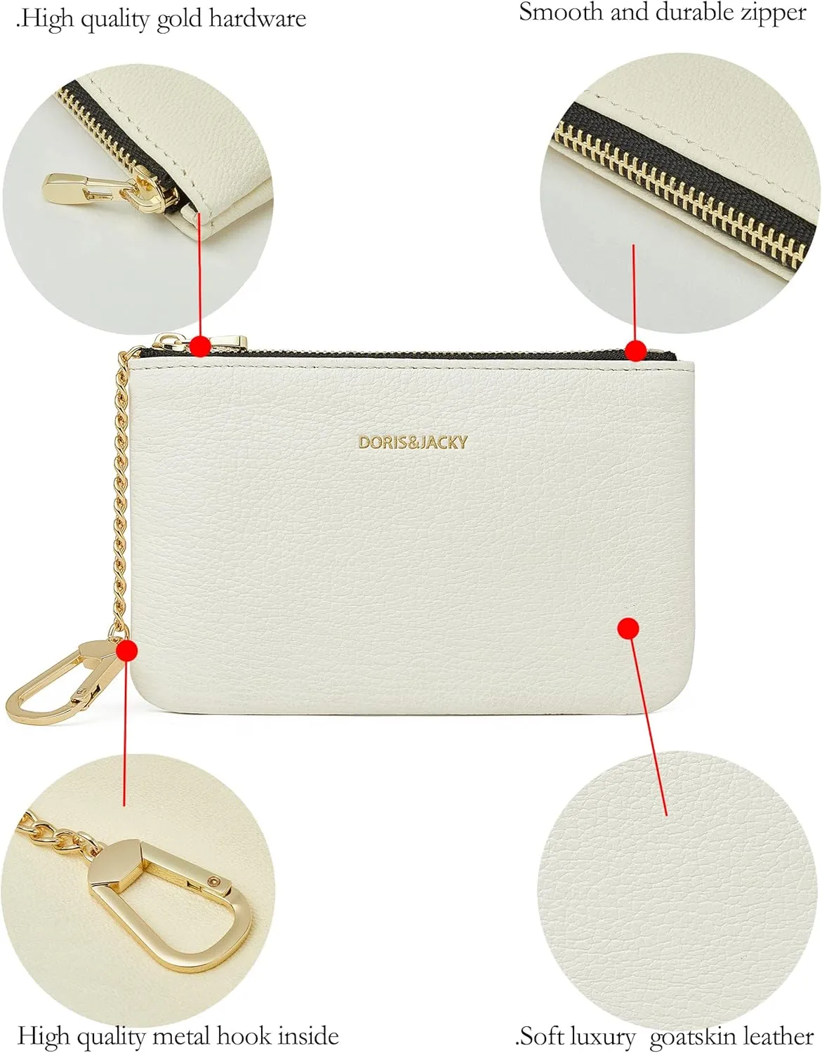DORIS&JACKY Small Leather Coin Purse Mini Keychain Pouch Card Holder For Men Women (6-White)