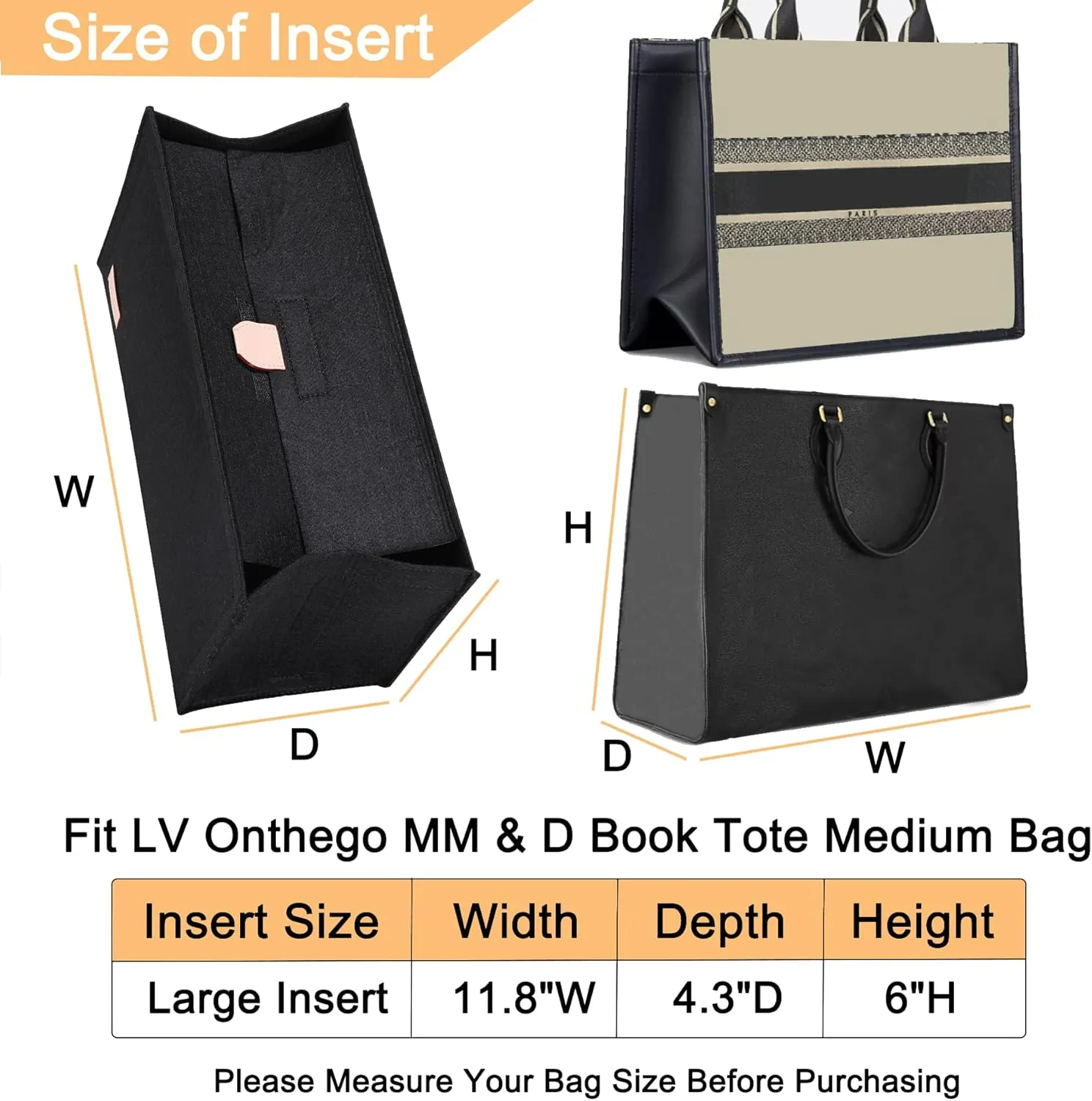 Doxo Purse Organizer Insert, Felt Bag Organizer Insert with Zipper, Tote Organizer Perfect for Lv Onthego MM & D Book Tote Medium (Black-With Cover, L)