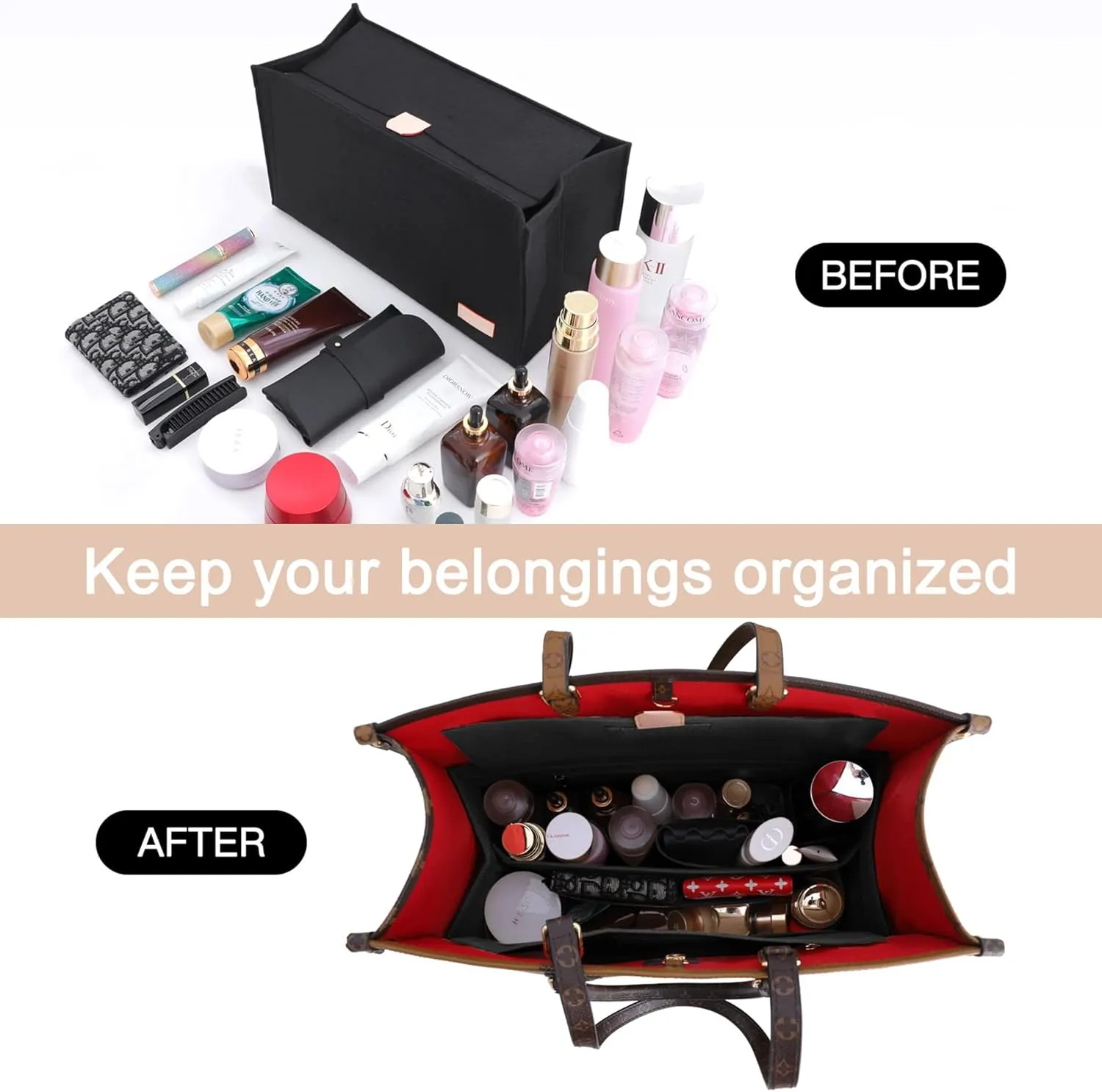 Doxo Purse Organizer Insert, Felt Bag Organizer Insert with Zipper, Tote Organizer Perfect for Lv Onthego MM & D Book Tote Medium (Black-With Cover, L)