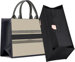 Doxo Purse Organizer Insert, Felt Bag Organizer Insert with Zipper, Tote Organizer Perfect for Lv Onthego MM & D Book Tote Medium (Black-With Cover, L)