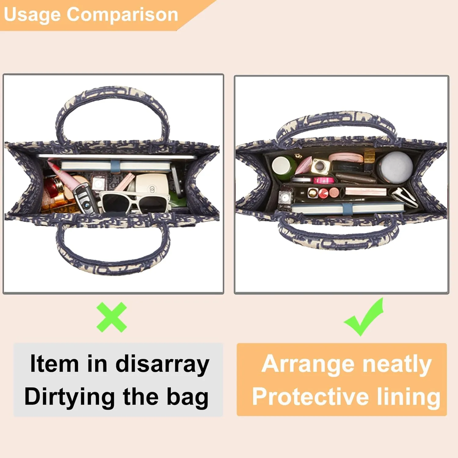 Doxo Purse Organizer Insert, Felt Bag Organizer Insert with Zipper, Tote Organizer Perfect for Lv Onthego MM & D Book Tote Medium (Black-With Cover, L)