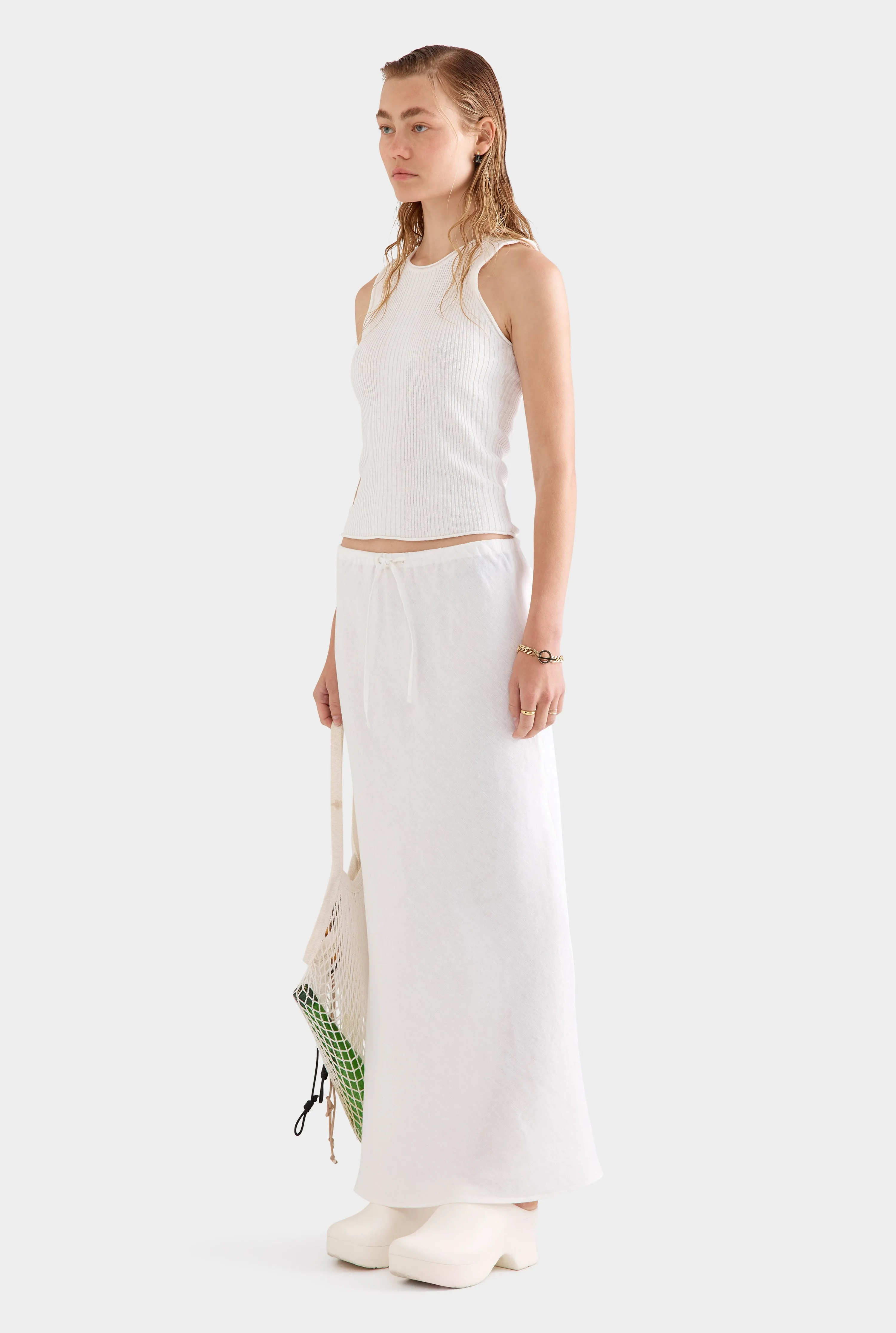 Drawstring Bias Skirt - White
