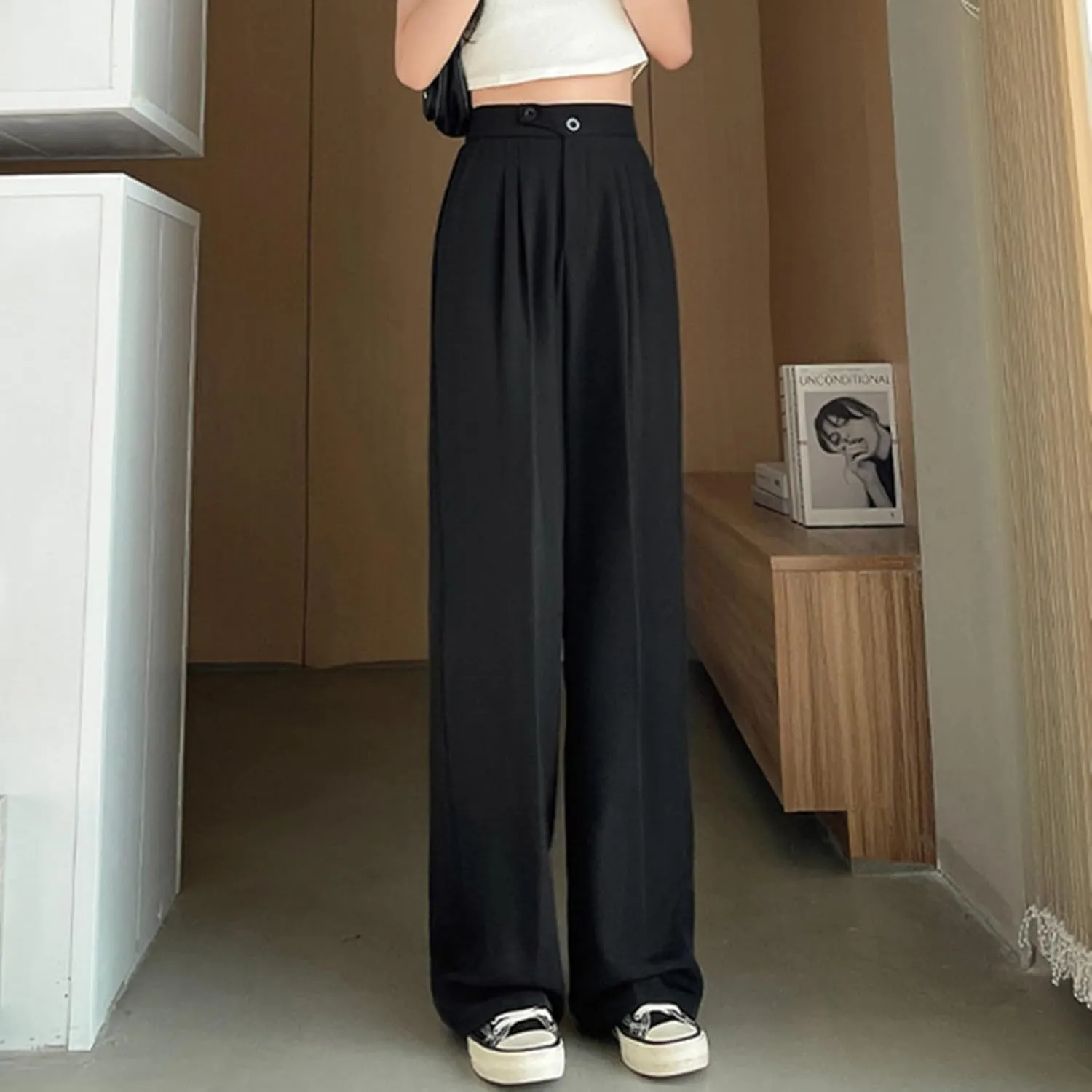 Dress Pants Women Wide Leg High Waisted Button Pleated Business Pants Casual Loose Slacks Trousers with Pockets