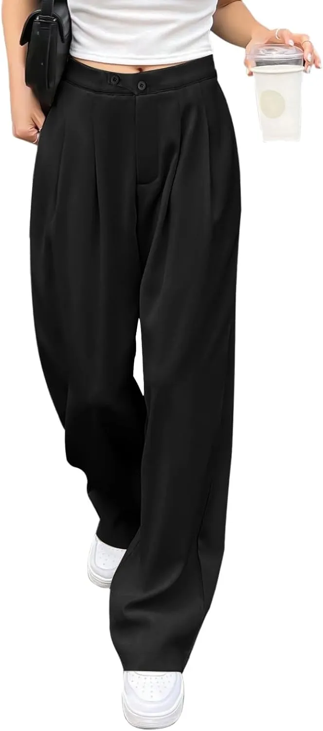 Dress Pants Women Wide Leg High Waisted Button Pleated Business Pants Casual Loose Slacks Trousers with Pockets