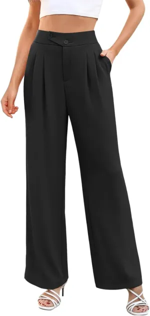 Dress Pants Women Wide Leg High Waisted Button Pleated Business Pants Casual Loose Slacks Trousers with Pockets