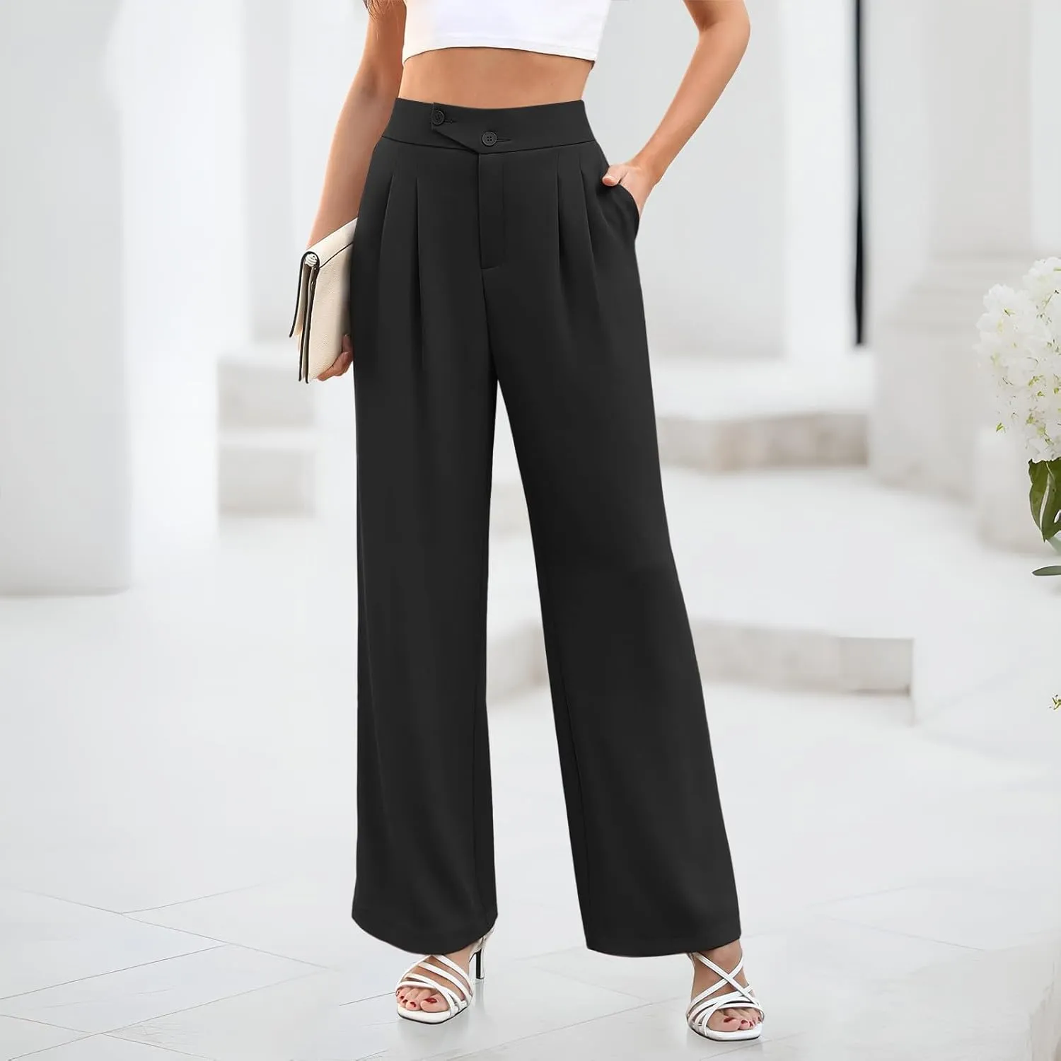Dress Pants Women Wide Leg High Waisted Button Pleated Business Pants Casual Loose Slacks Trousers with Pockets
