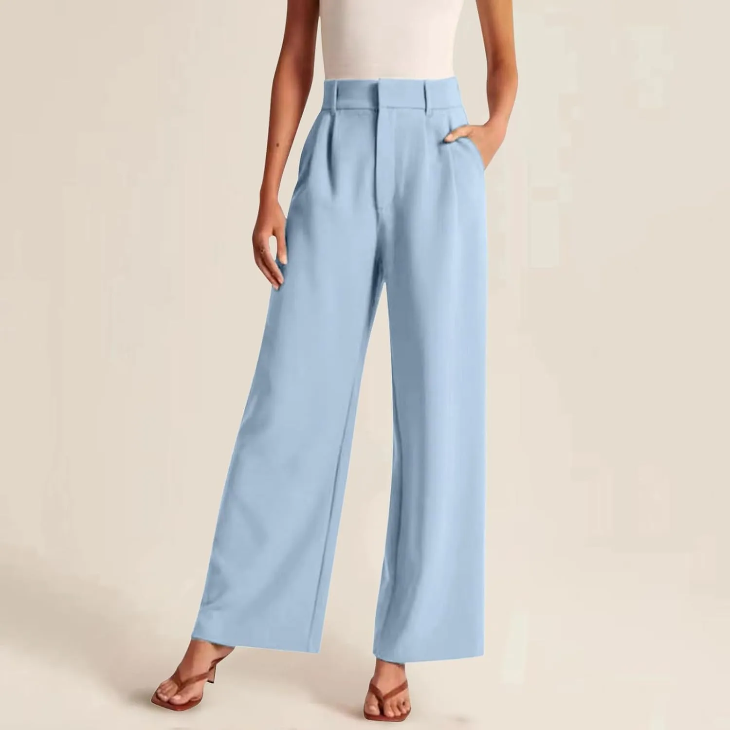 Dress Pants Women Wide Leg High Waisted Button Pleated Business Pants Casual Loose Slacks Trousers with Pockets