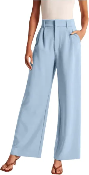 Dress Pants Women Wide Leg High Waisted Button Pleated Business Pants Casual Loose Slacks Trousers with Pockets