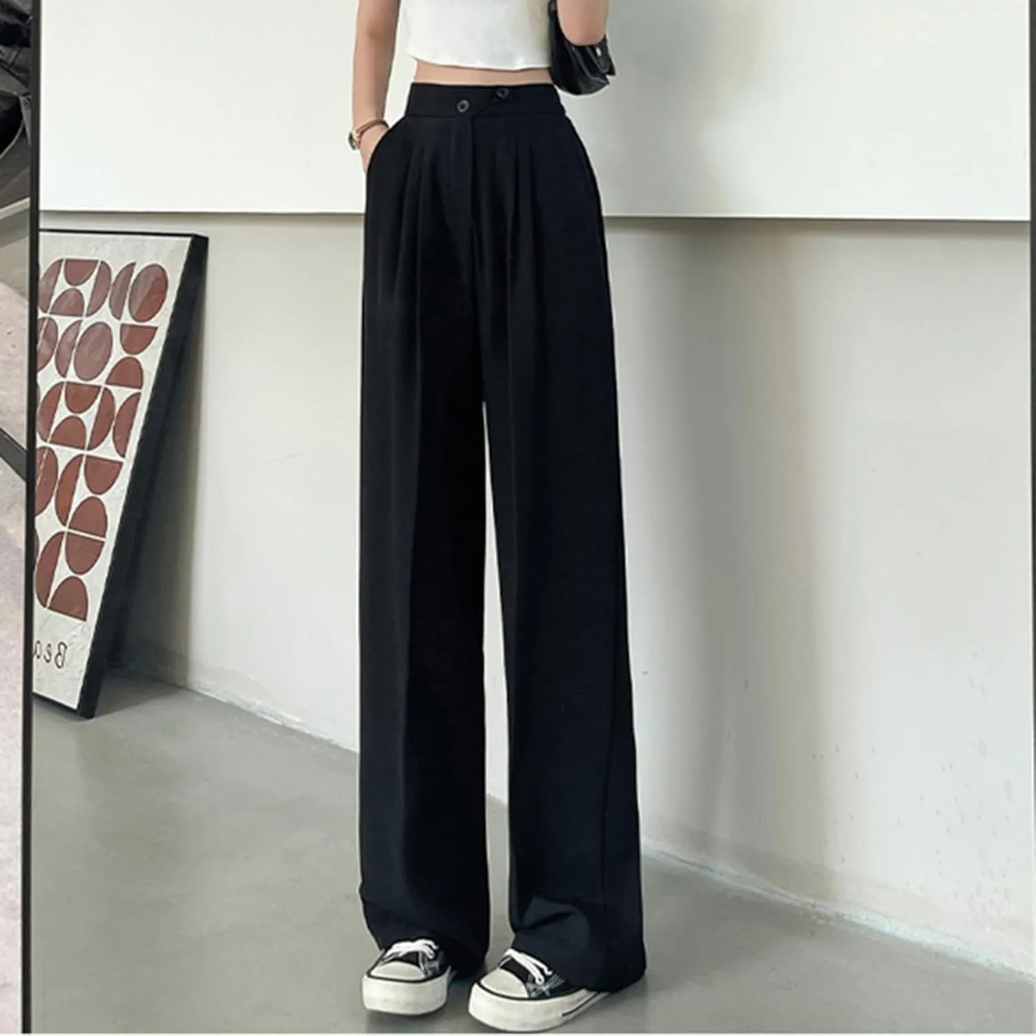 Dress Pants Women Wide Leg High Waisted Button Pleated Business Pants Casual Loose Slacks Trousers with Pockets