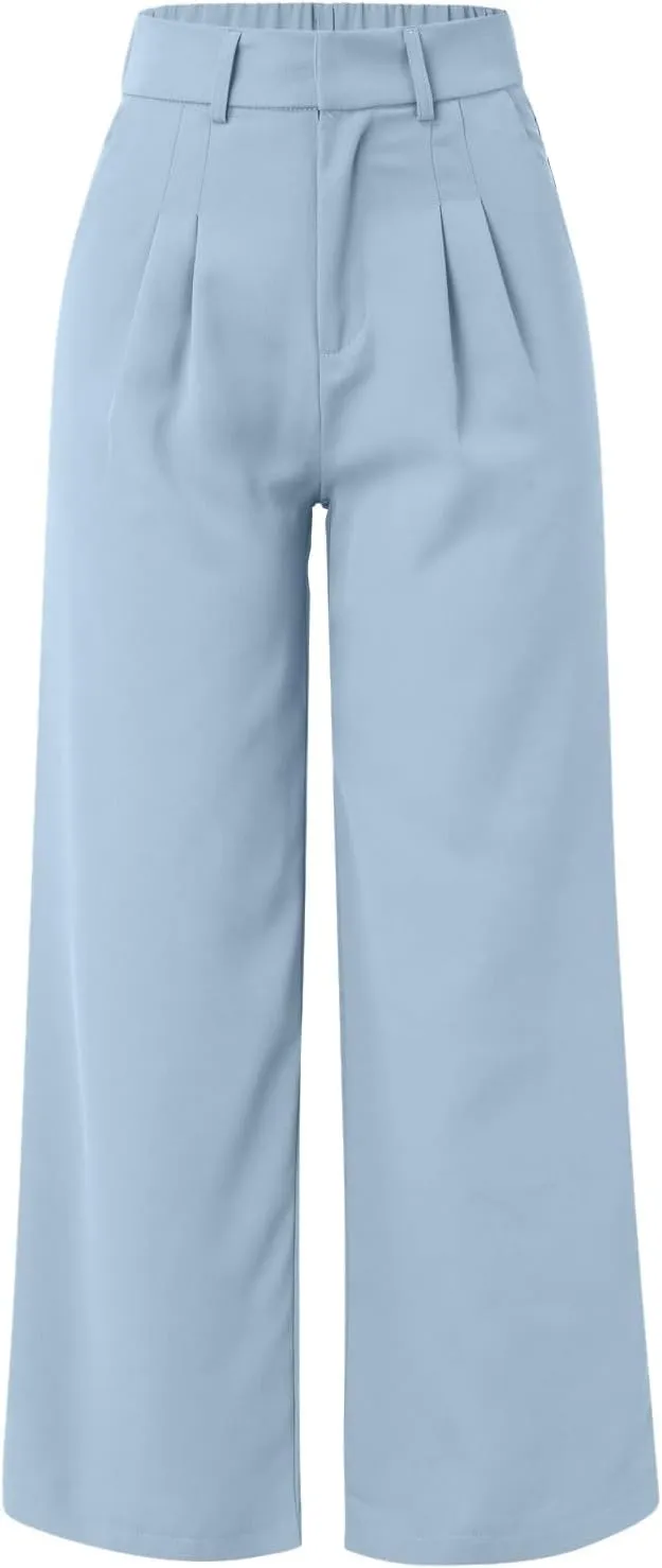 Dress Pants Women Wide Leg High Waisted Button Pleated Business Pants Casual Loose Slacks Trousers with Pockets