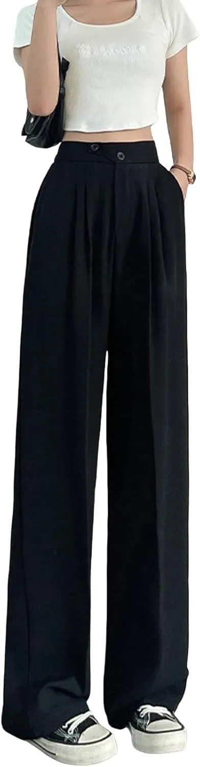 Dress Pants Women Wide Leg High Waisted Button Pleated Business Pants Casual Loose Slacks Trousers with Pockets