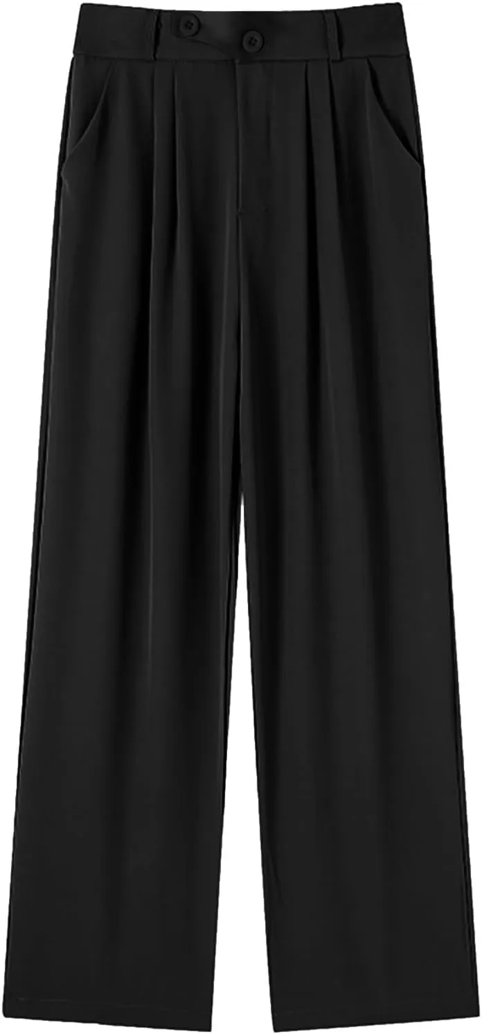 Dress Pants Women Wide Leg High Waisted Button Pleated Business Pants Casual Loose Slacks Trousers with Pockets