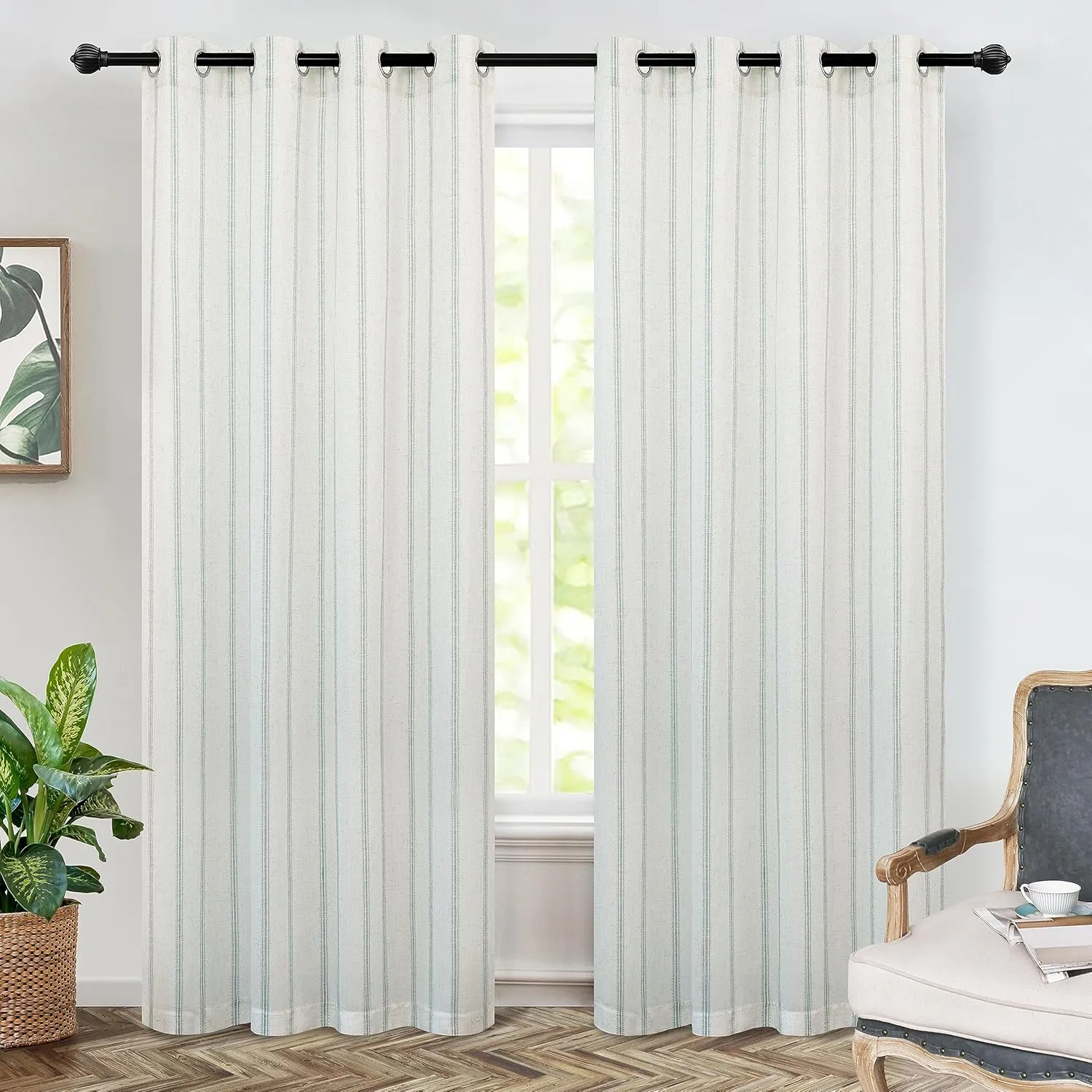 DriftAway Farmhouse Linen Blend Blackout Curtains 84 Inches Long for Bedroom Vertical Striped Printed Linen Curtains Thermal Insulated Lined Treatments for Living Room 2 Panels W52 x L84 Green