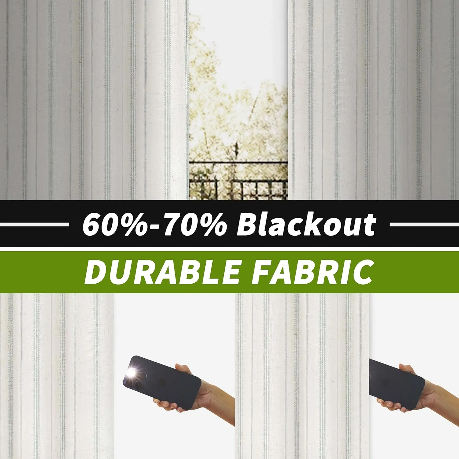 DriftAway Farmhouse Linen Blend Blackout Curtains 84 Inches Long for Bedroom Vertical Striped Printed Linen Curtains Thermal Insulated Lined Treatments for Living Room 2 Panels W52 x L84 Green
