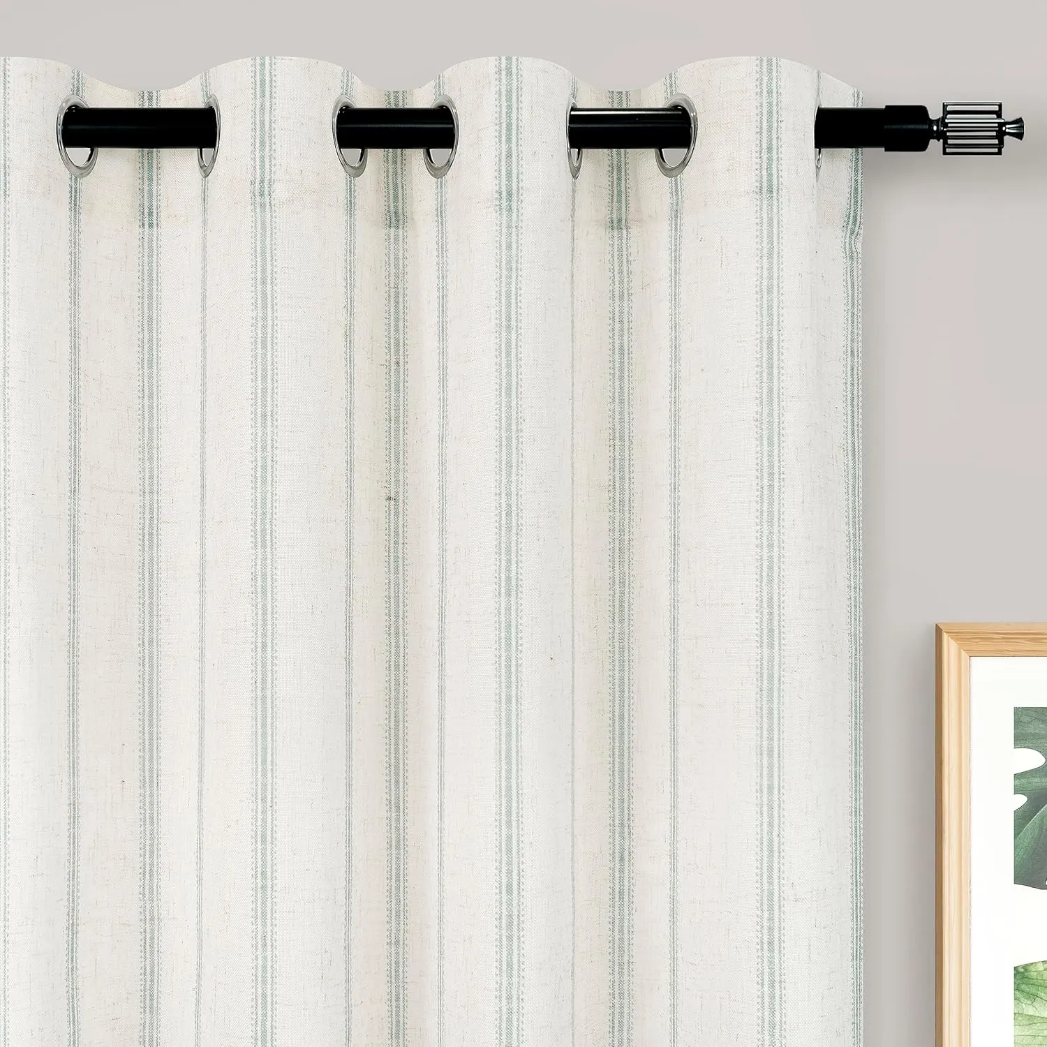 DriftAway Farmhouse Linen Blend Blackout Curtains 84 Inches Long for Bedroom Vertical Striped Printed Linen Curtains Thermal Insulated Lined Treatments for Living Room 2 Panels W52 x L84 Green