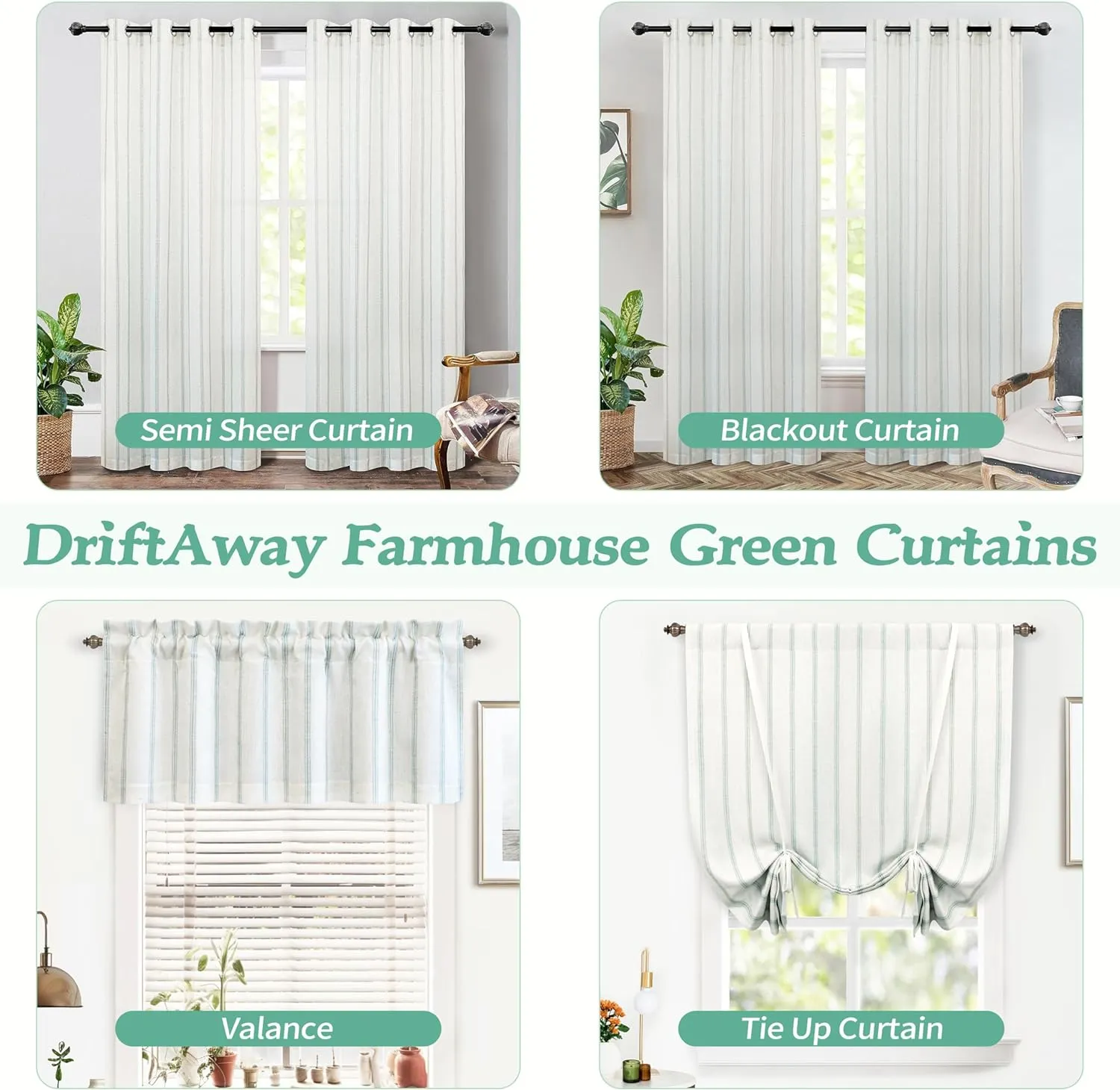 DriftAway Farmhouse Linen Blend Blackout Curtains 84 Inches Long for Bedroom Vertical Striped Printed Linen Curtains Thermal Insulated Lined Treatments for Living Room 2 Panels W52 x L84 Green