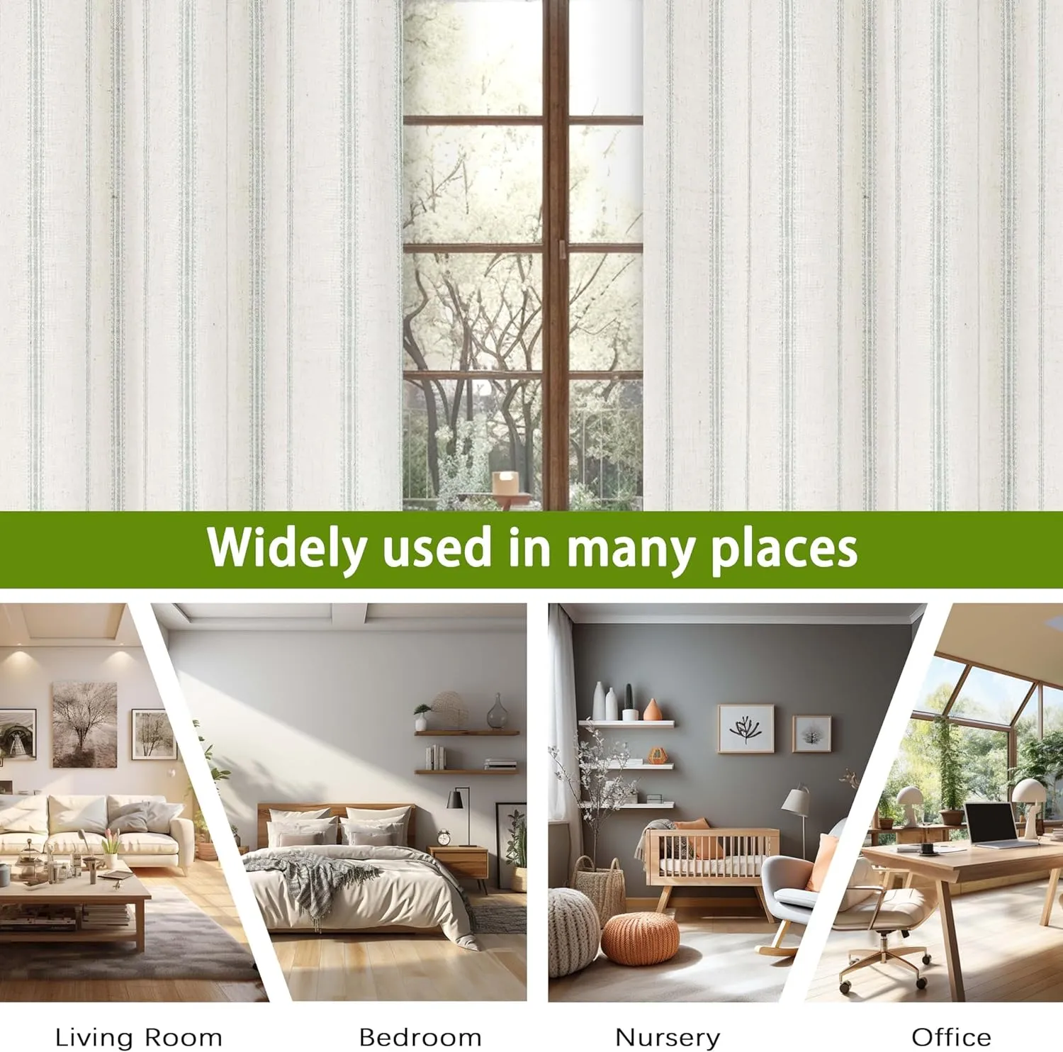 DriftAway Farmhouse Linen Blend Blackout Curtains 84 Inches Long for Bedroom Vertical Striped Printed Linen Curtains Thermal Insulated Lined Treatments for Living Room 2 Panels W52 x L84 Green