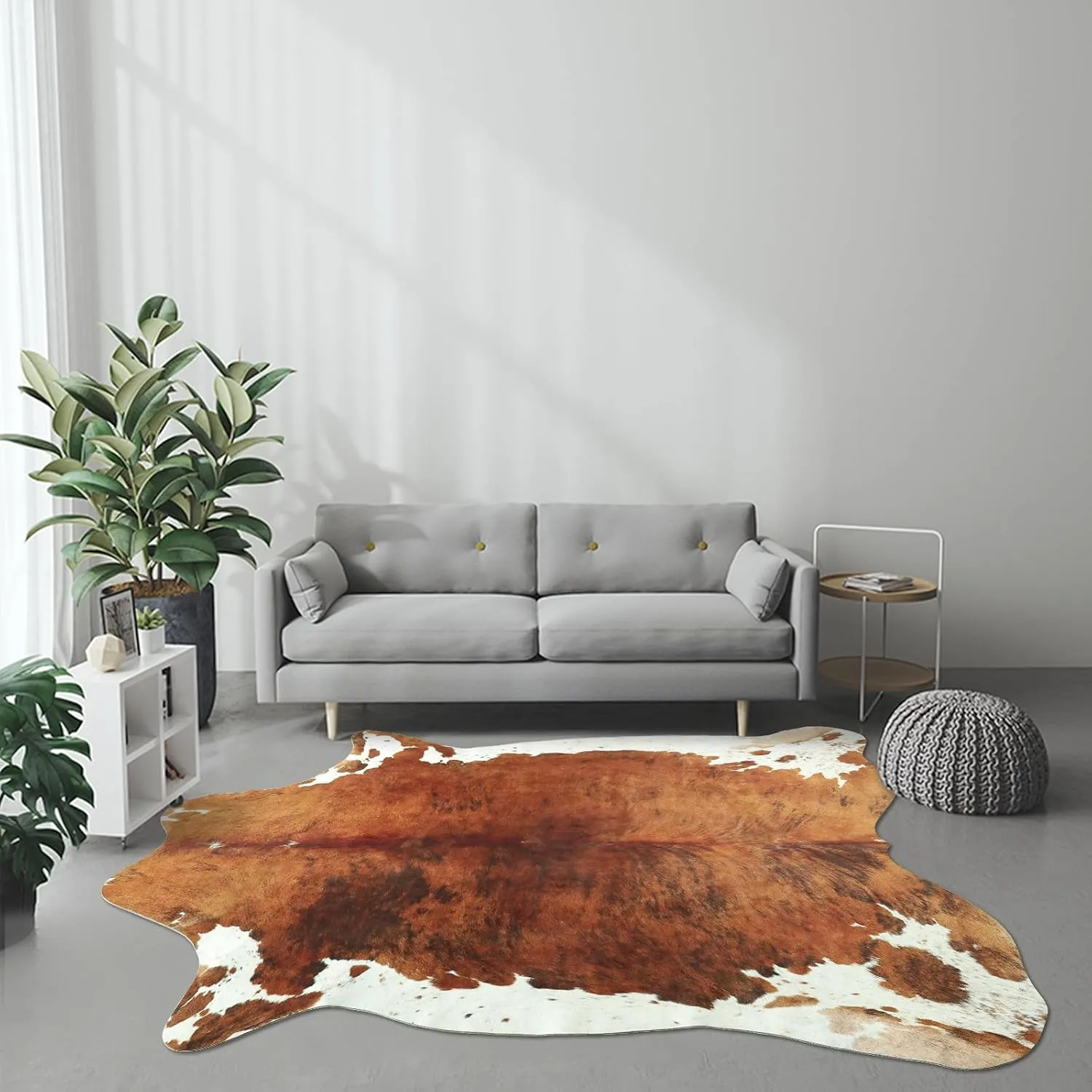 DweIke Premium Faux Cow Hide Rug Cowhide Area Rug, 6.2 x 5.2ft Animal Print Fur Rug Suitable for Bedroom Living Room, Western Decor Carpets for Dining Room Office, Animal Skin Area Rug, Brown