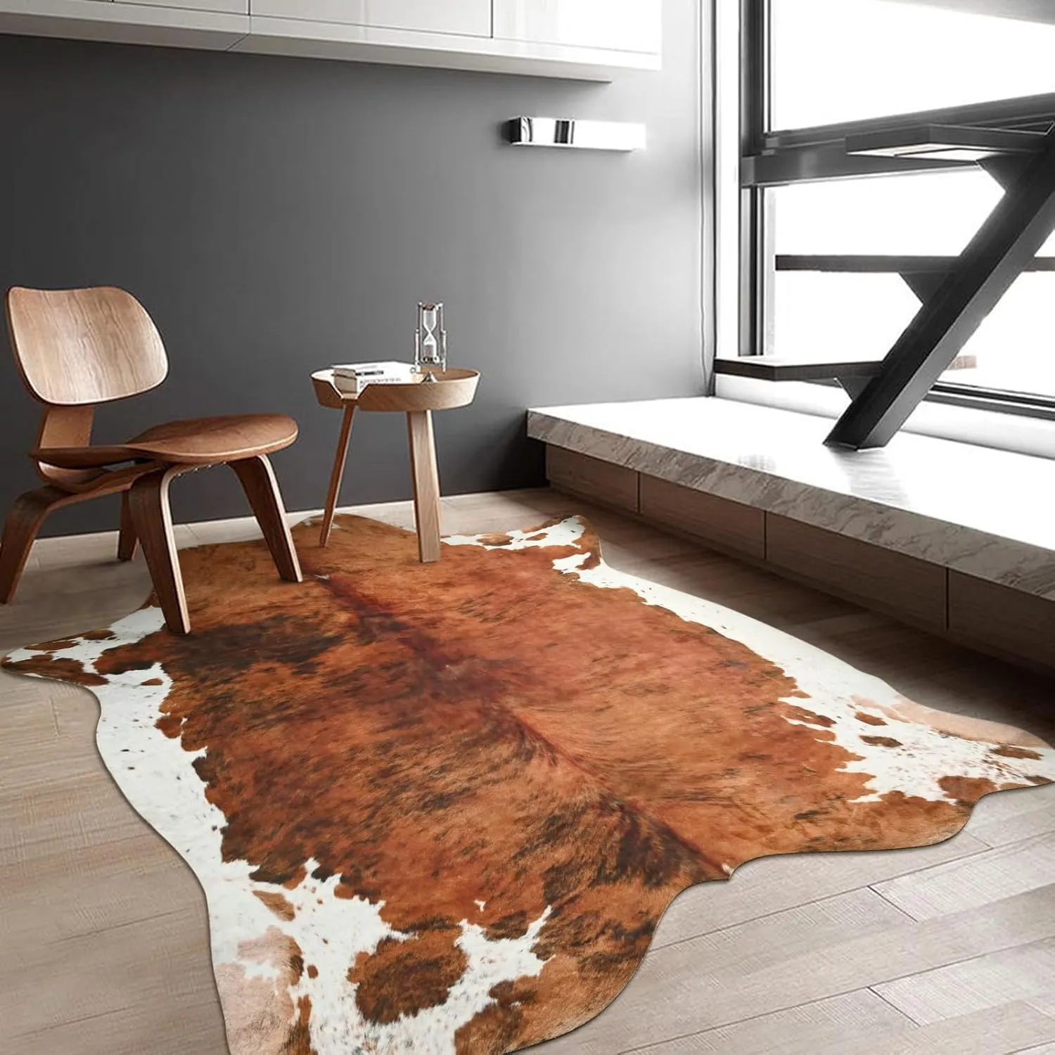 DweIke Premium Faux Cow Hide Rug Cowhide Area Rug, 6.2 x 5.2ft Animal Print Fur Rug Suitable for Bedroom Living Room, Western Decor Carpets for Dining Room Office, Animal Skin Area Rug, Brown