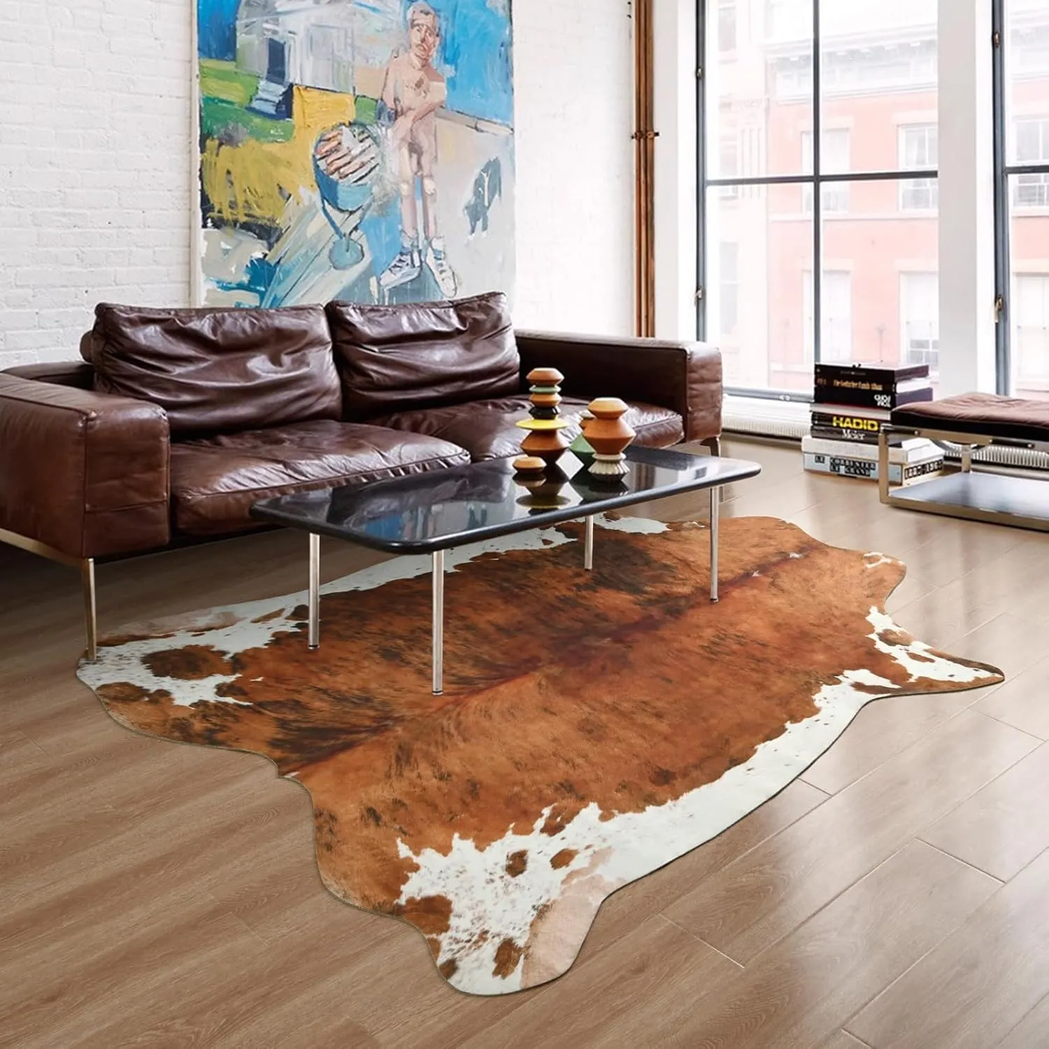 DweIke Premium Faux Cow Hide Rug Cowhide Area Rug, 6.2 x 5.2ft Animal Print Fur Rug Suitable for Bedroom Living Room, Western Decor Carpets for Dining Room Office, Animal Skin Area Rug, Brown