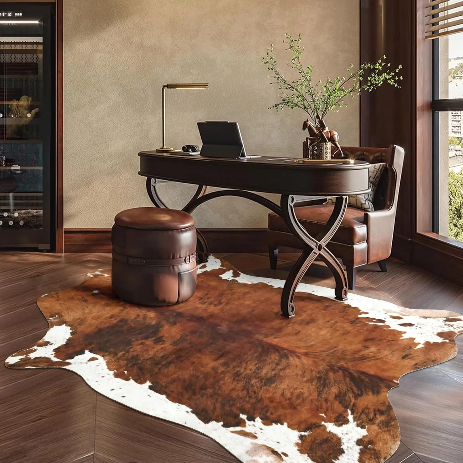 DweIke Premium Faux Cow Hide Rug Cowhide Area Rug, 6.2 x 5.2ft Animal Print Fur Rug Suitable for Bedroom Living Room, Western Decor Carpets for Dining Room Office, Animal Skin Area Rug, Brown