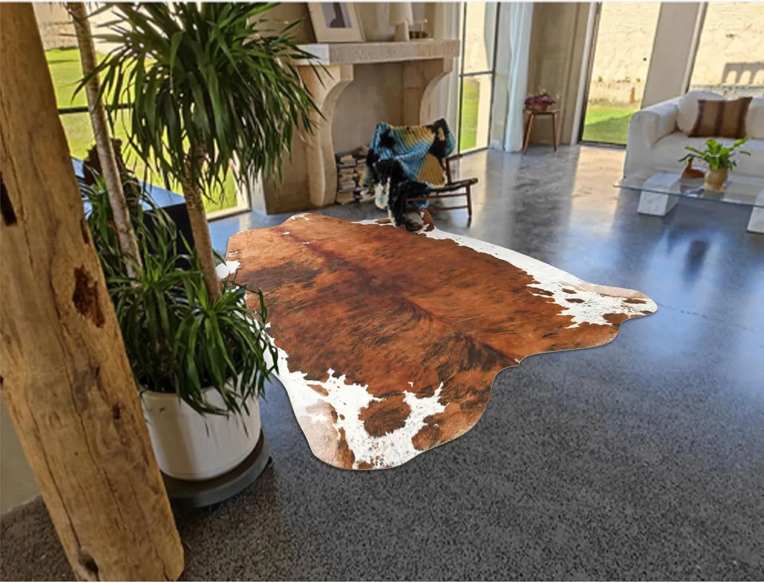 DweIke Premium Faux Cow Hide Rug Cowhide Area Rug, 6.2 x 5.2ft Animal Print Fur Rug Suitable for Bedroom Living Room, Western Decor Carpets for Dining Room Office, Animal Skin Area Rug, Brown