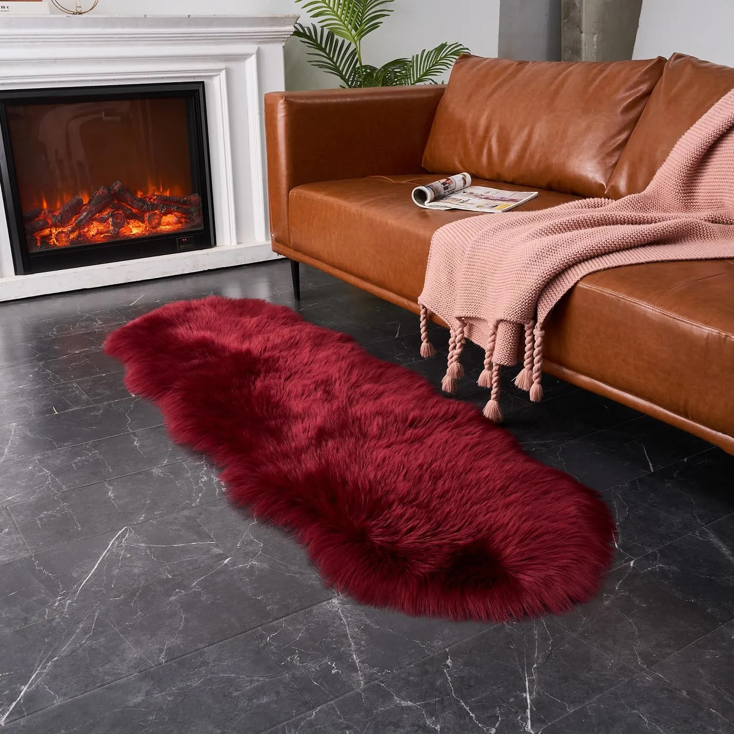 EasyJoy Ultra Soft Fluffy Shaggy Area Rug Faux Fur Rug Chair Cover Seat Pad Fuzzy Area Rug for Bedroom Floor Sofa Living Room (2 x 6 ft Sheepskin, Burgundy)