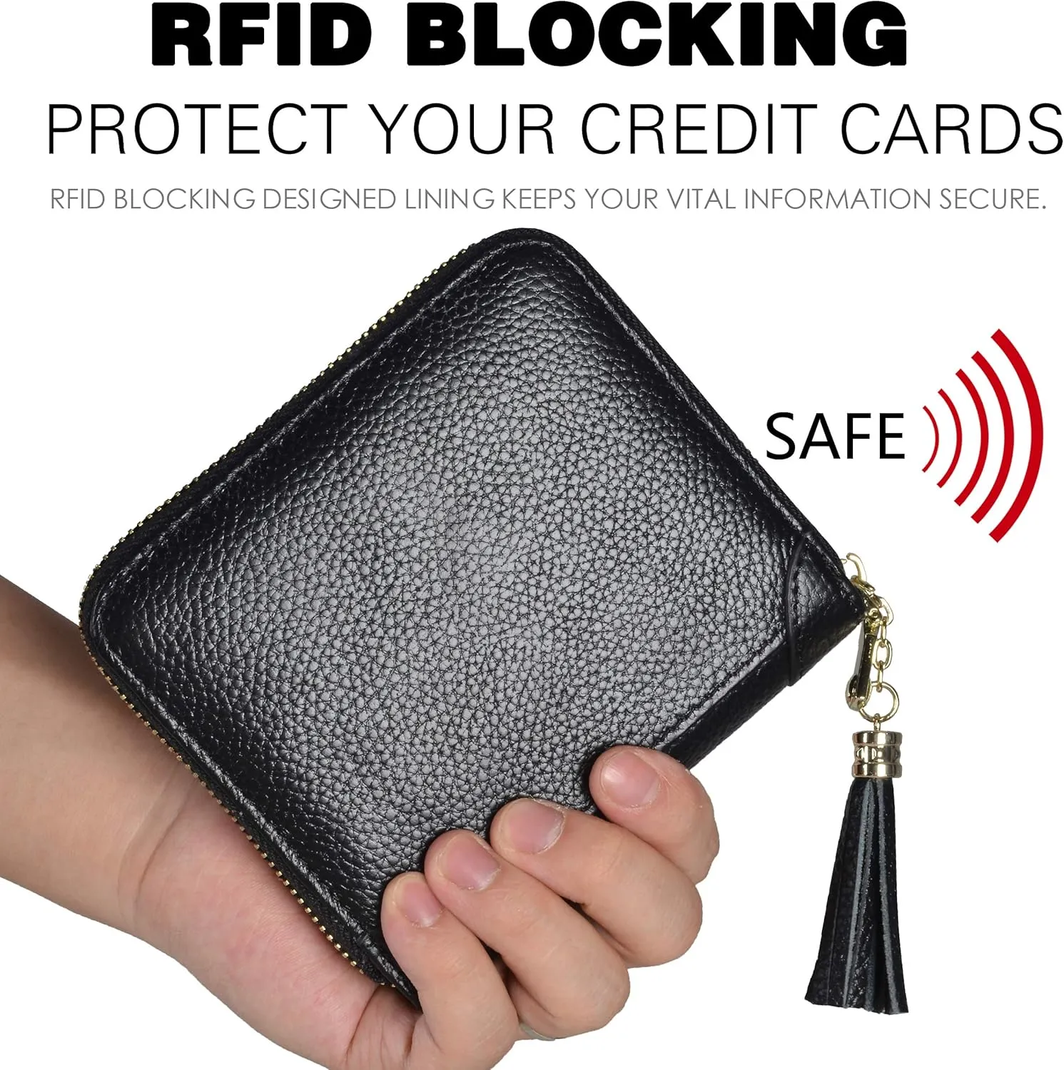 Easyoulife Womens Credit Card Holder Wallet Zip Leather Card Case RFID Blocking (Black)