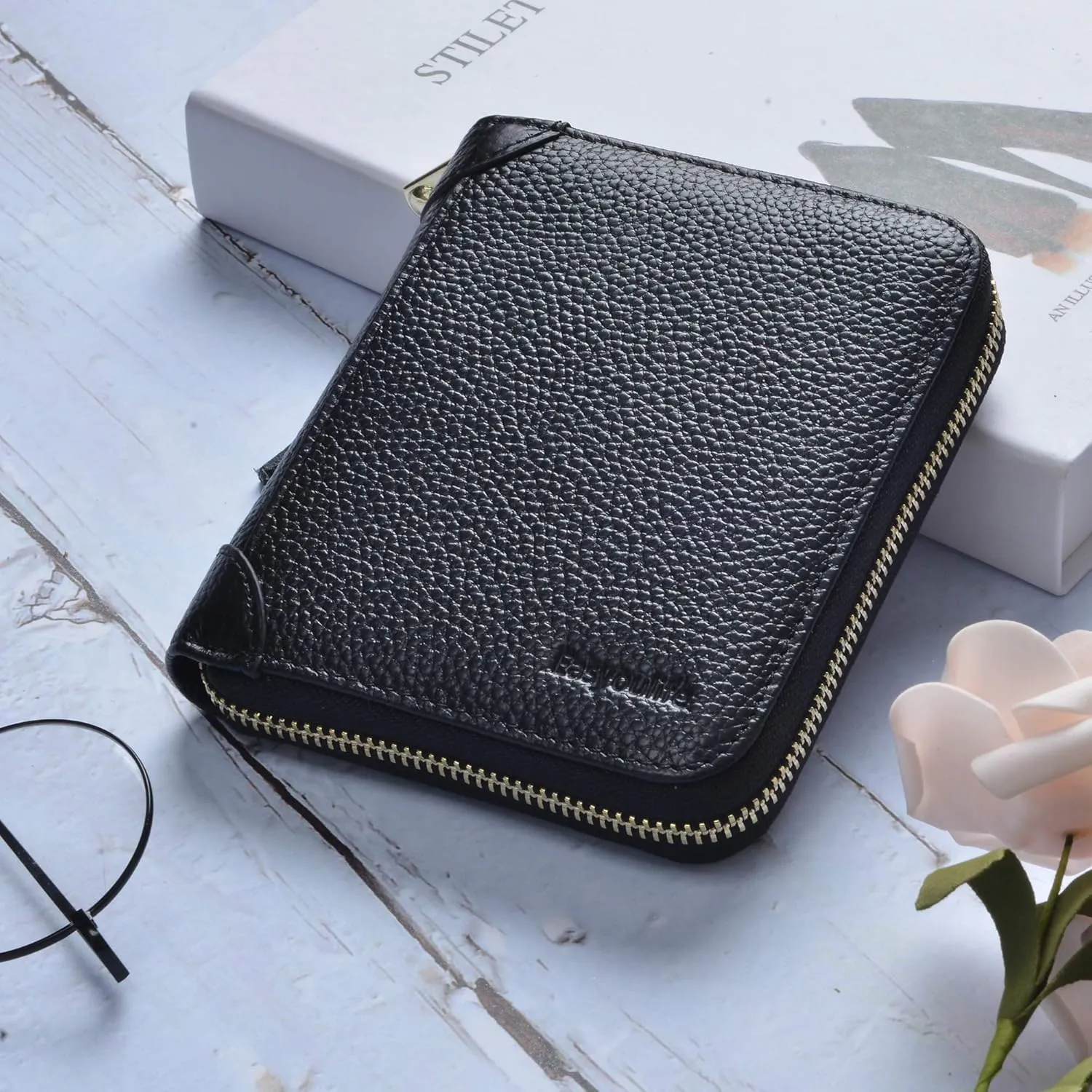 Easyoulife Womens Credit Card Holder Wallet Zip Leather Card Case RFID Blocking (Black)