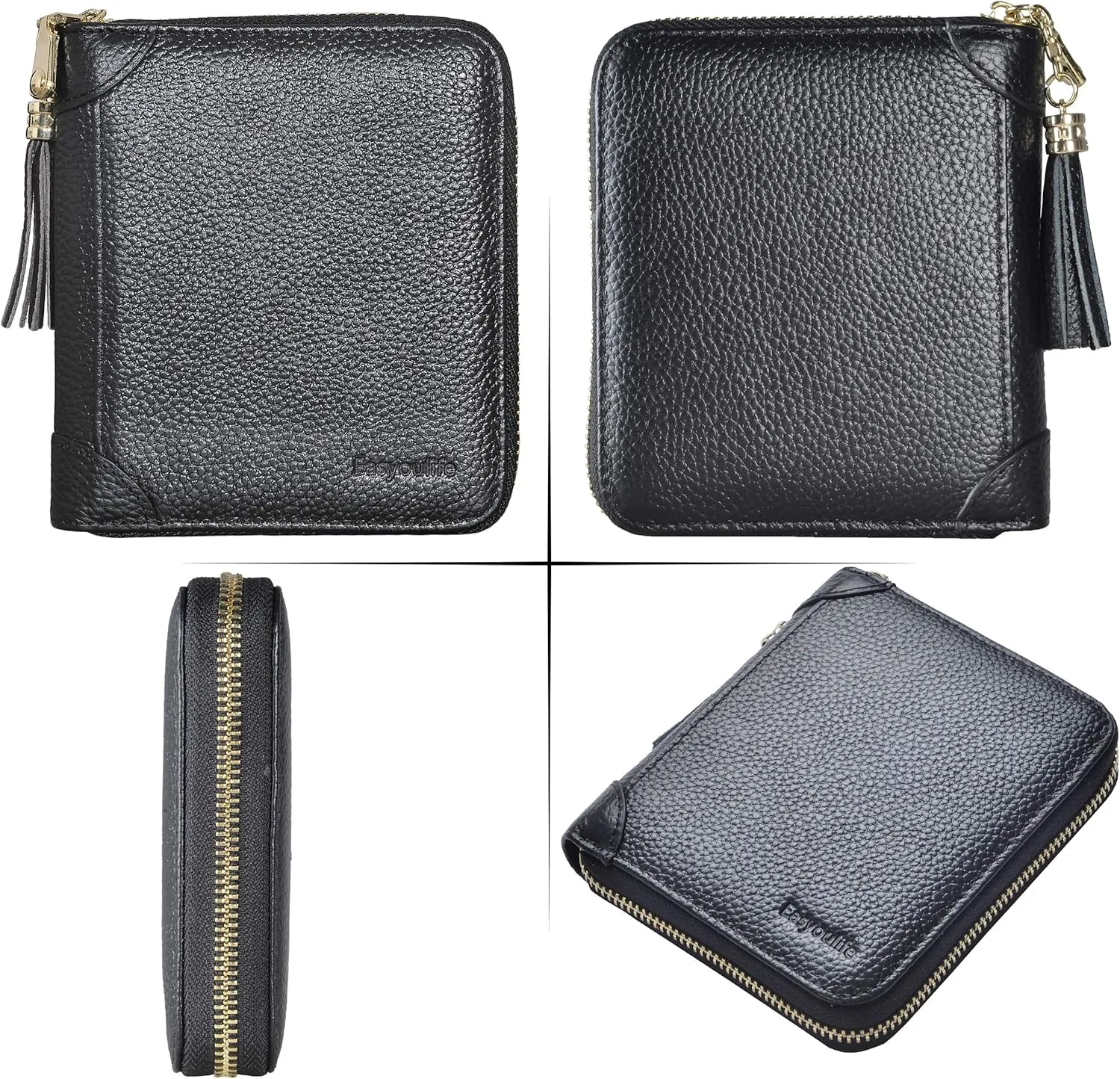 Easyoulife Womens Credit Card Holder Wallet Zip Leather Card Case RFID Blocking (Black)