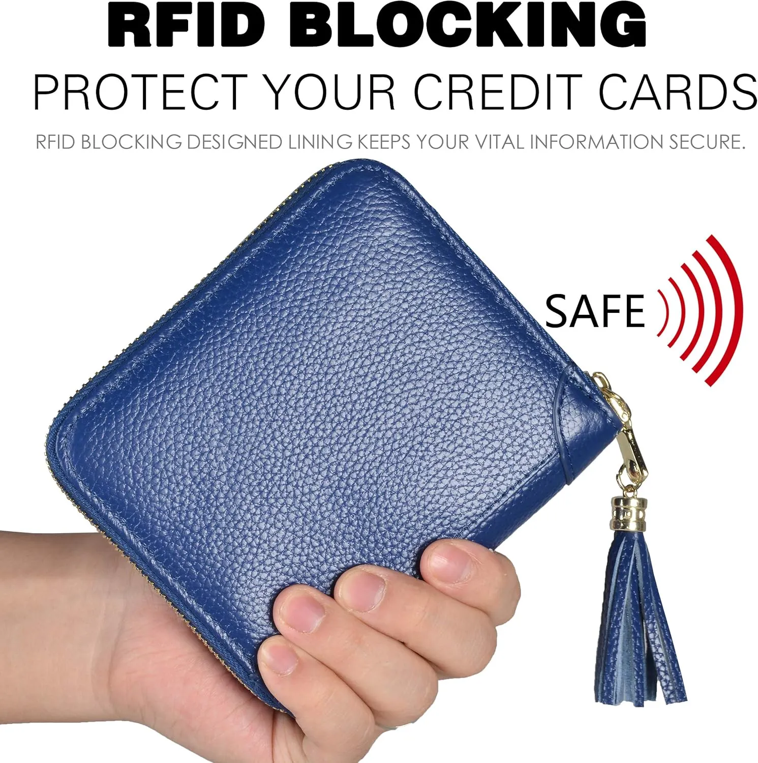 Easyoulife Womens Credit Card Holder Wallet Zip Leather Card Case RFID Blocking (Dark Blue)