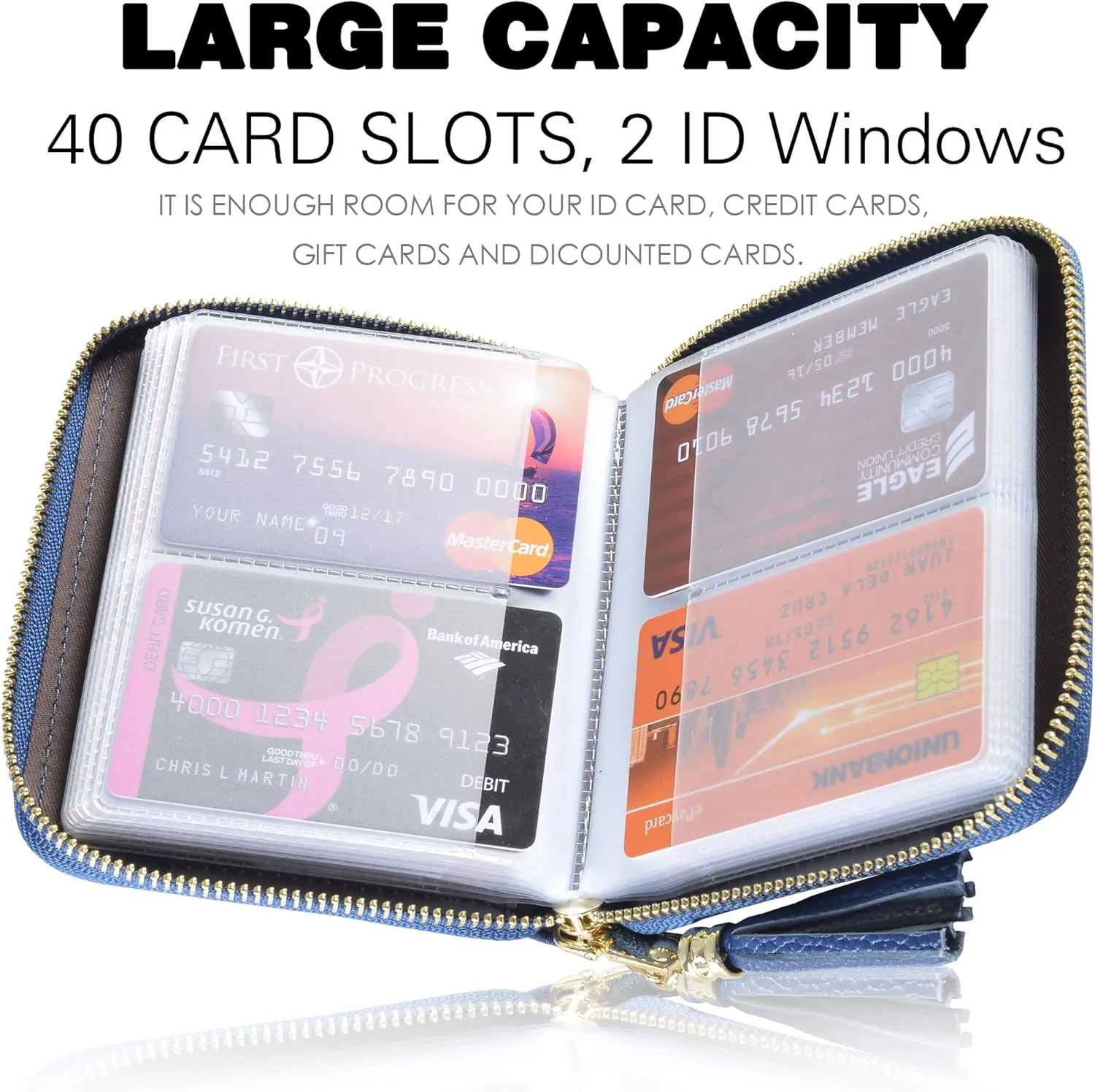 Easyoulife Womens Credit Card Holder Wallet Zip Leather Card Case RFID Blocking (Dark Blue)