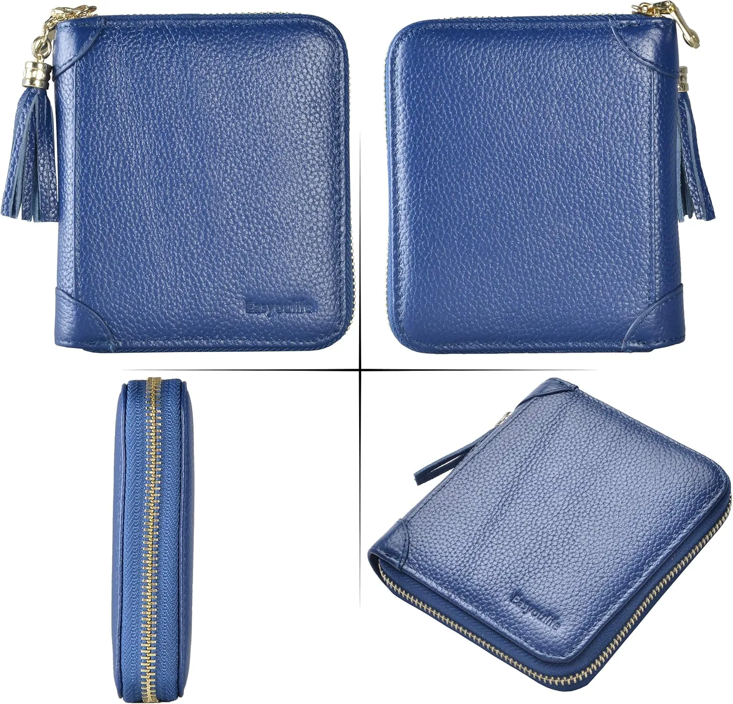 Easyoulife Womens Credit Card Holder Wallet Zip Leather Card Case RFID Blocking (Dark Blue)