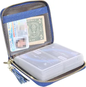 Easyoulife Womens Credit Card Holder Wallet Zip Leather Card Case RFID Blocking (Dark Blue)